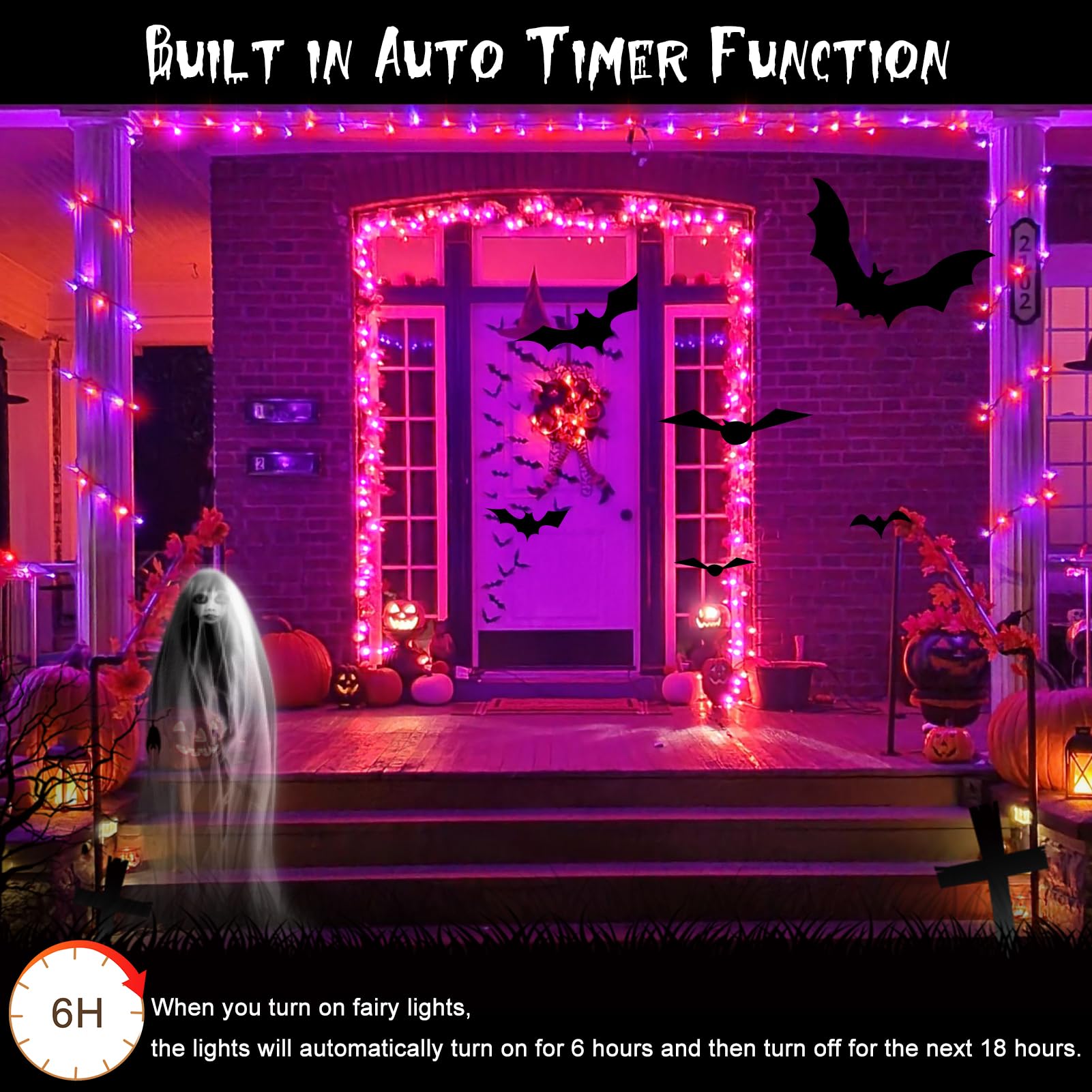 echosari 200 LED Halloween Fairy Lights, 66Ft Silver Wire, 8 Modes, Battery Operated, 2 Pack, Purple & Orange