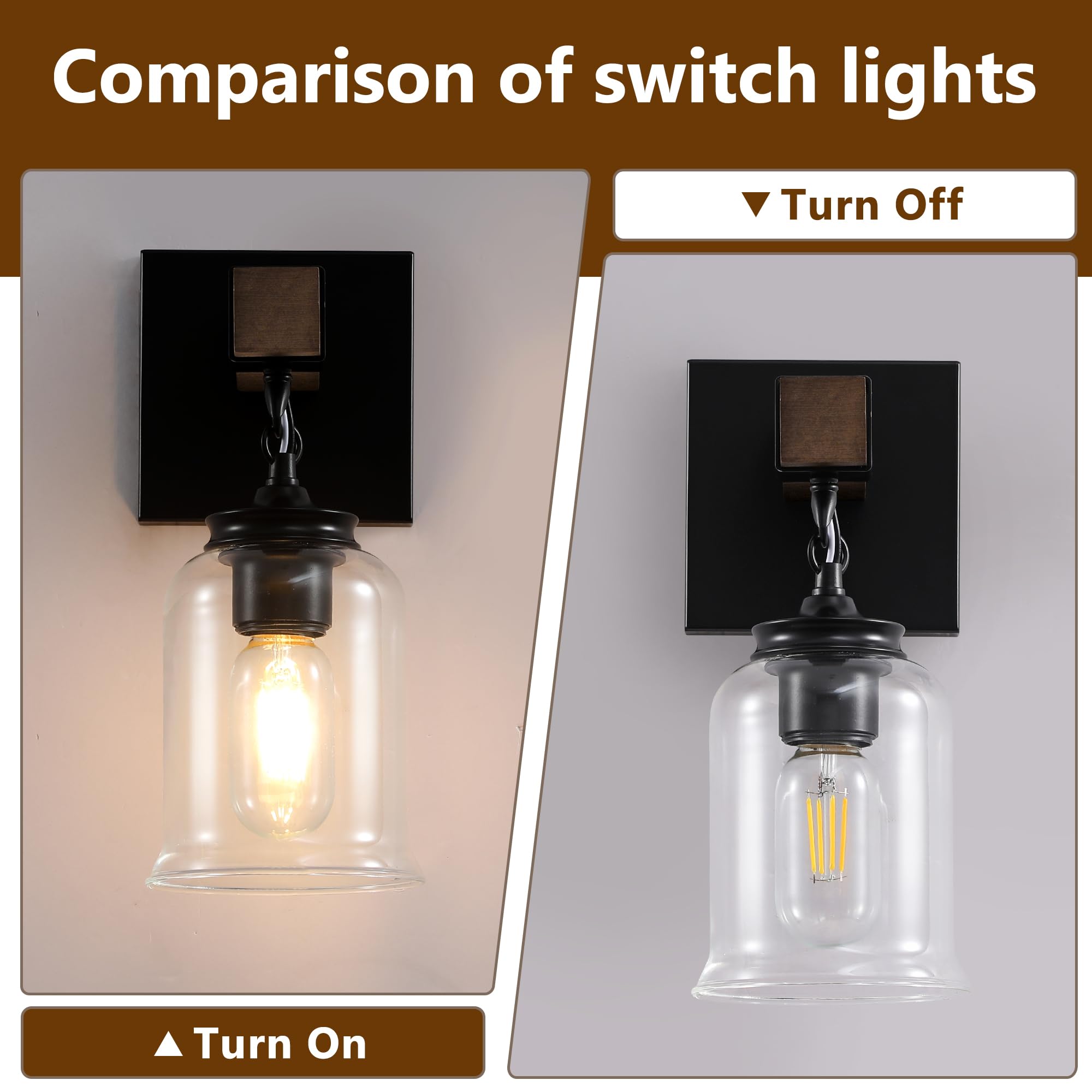 Wall Sconces Set Of Two, Farmhouse Bathroom Light Fixtures, Black Wood Rustic Vanity Lights With Clear Glass Shades, Wall Sconce