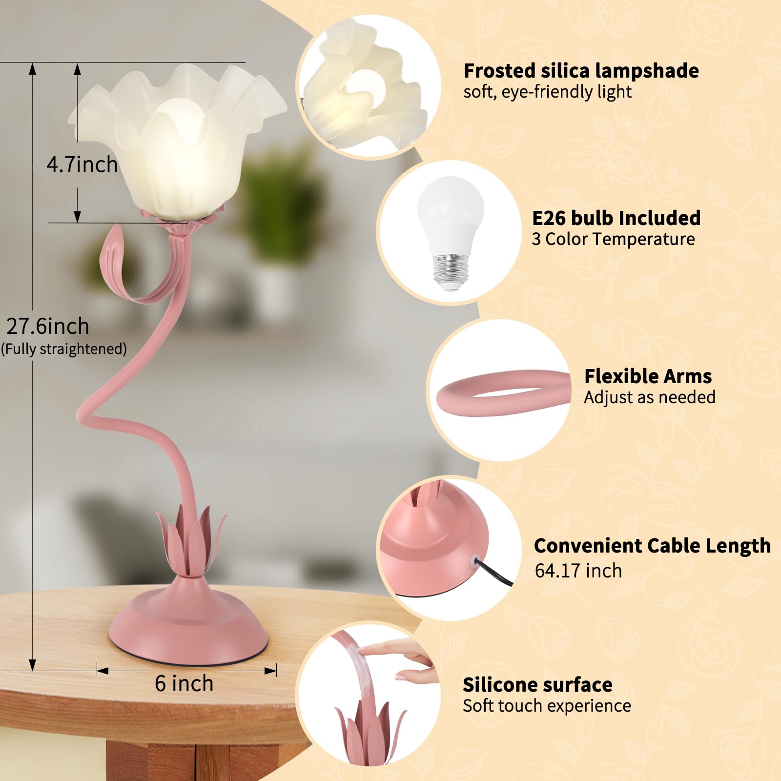 Fuzzbopn Cute Flower Desk Lamp, 3 Color Temperature Table Lamps With Led Bulb, Vintage Bedside Lamp, Reading Lamps With Soft Lig