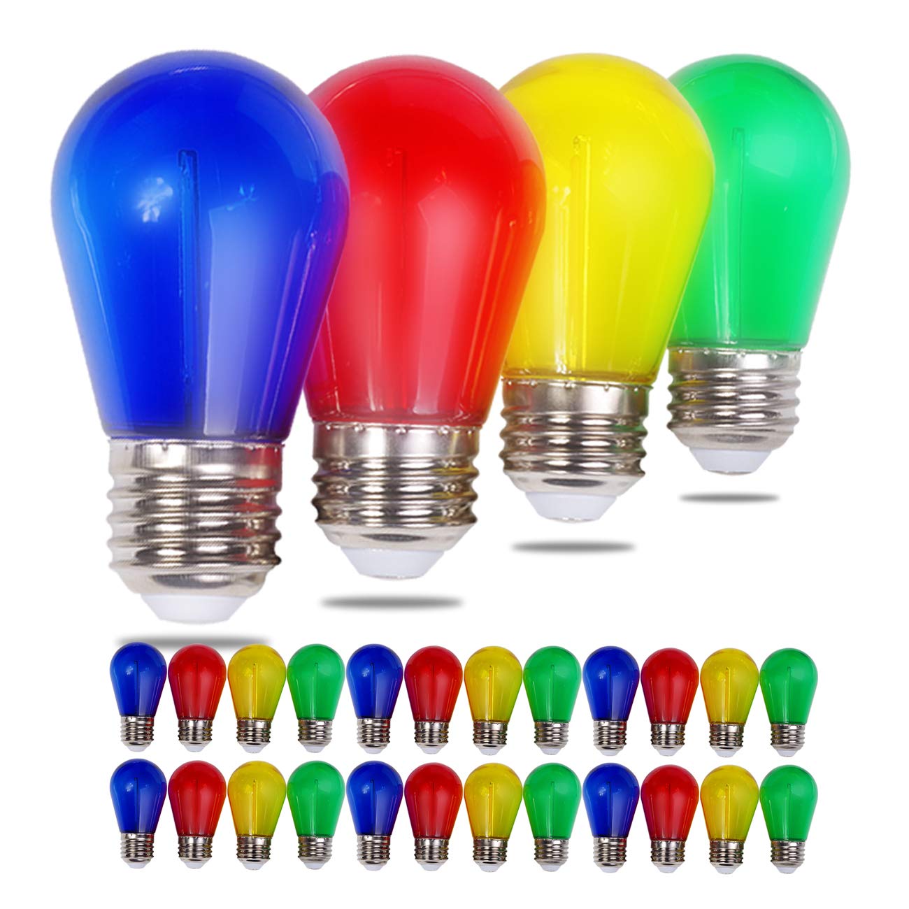 Visther 24-Pack S14 Colored LED String Light Bulbs Replacement, E26 Base 1W Plastic Shatterproof Waterproof, Christmas Light Bulb Red, Green, Yellow, Blue