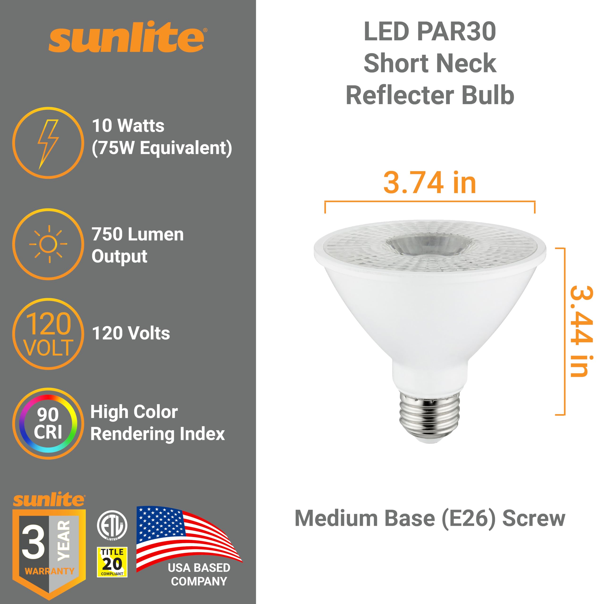 Sunlite LED PAR30 Reflector Light Bulb, 9W (75W=), 750 Lumens, 90 CRI, Dimmable, 5000K Daylight, Medium