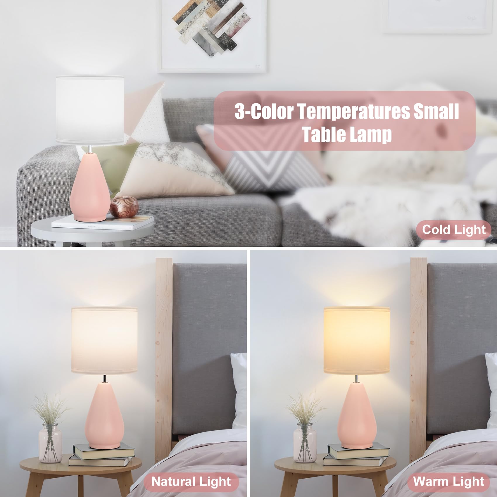 Yacoto Ceramic Table Lamps Set Of 2, Small Pink Bedside Lamps For Bedroom Modern Nightstand With 3 Color Temperatures For Living