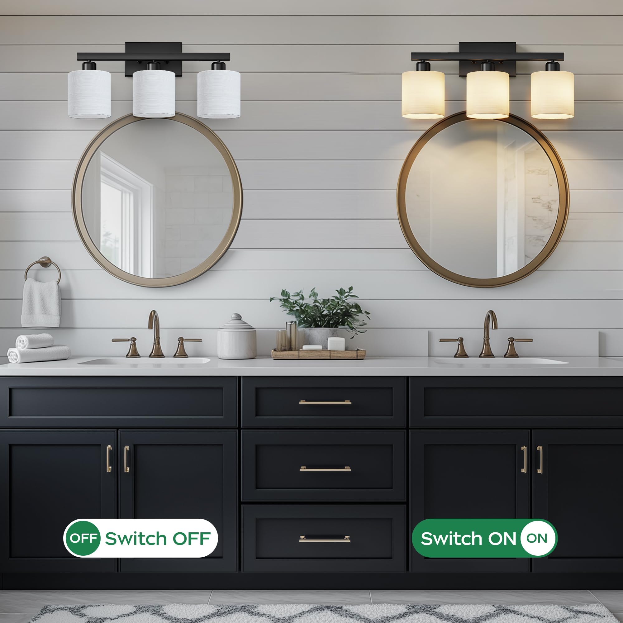 PARTPHONER Bathroom Light Fixtures, 3-Light Vanity Light, Matte Black, Stainless Steel with Textured White Glass Shade, Model PAWL177AS1