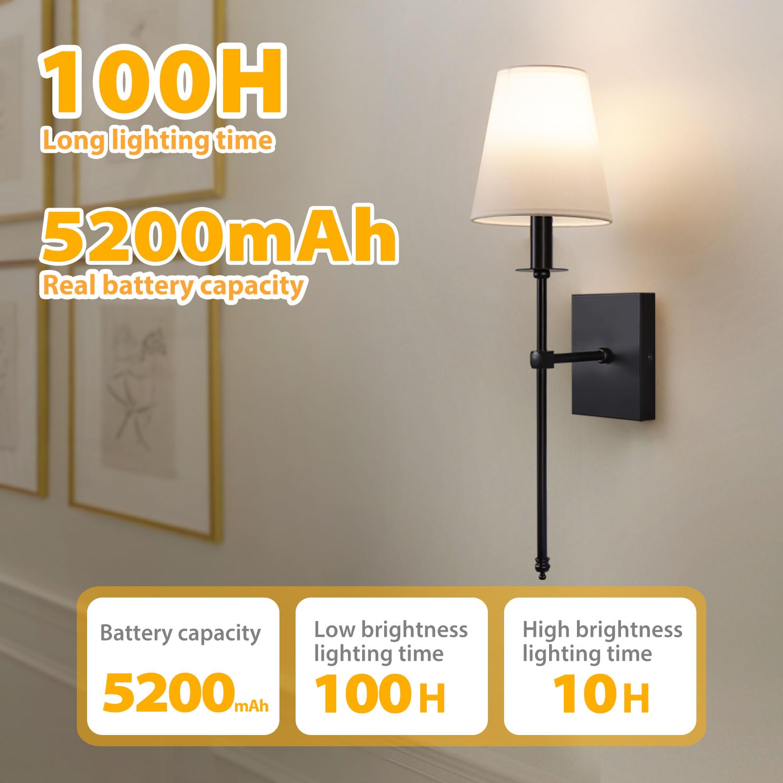 PASSICA DECOR Battery Operated Wall Sconces, Set of 2, 5200mAh Dimmable Bulbs, Remote Control, Black, Model CA702-01-DP
