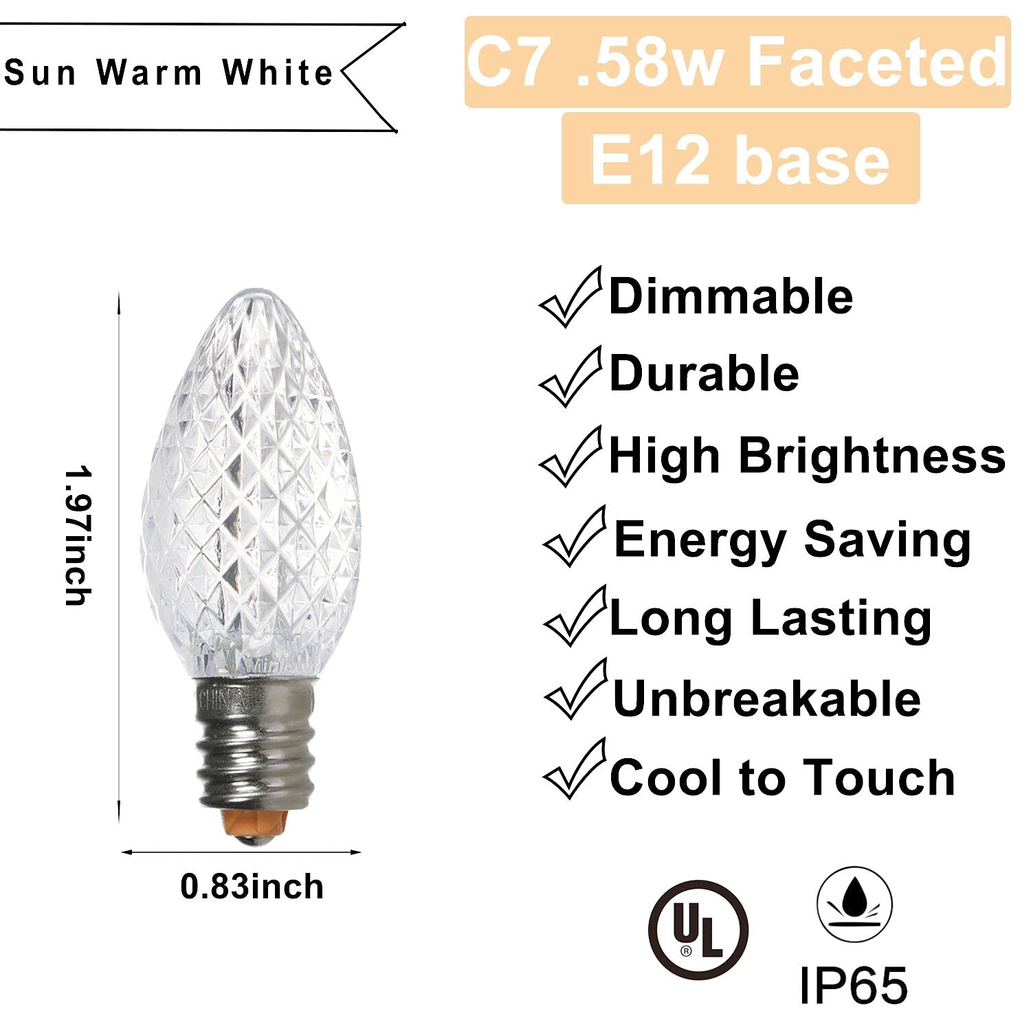 Pack Of 25 C7 Led Outdoor Christmas Lights Replacement Bulbs For Holiday Decoration,Ul Ip65 Waterproof Dimmable Faceted C7 Light