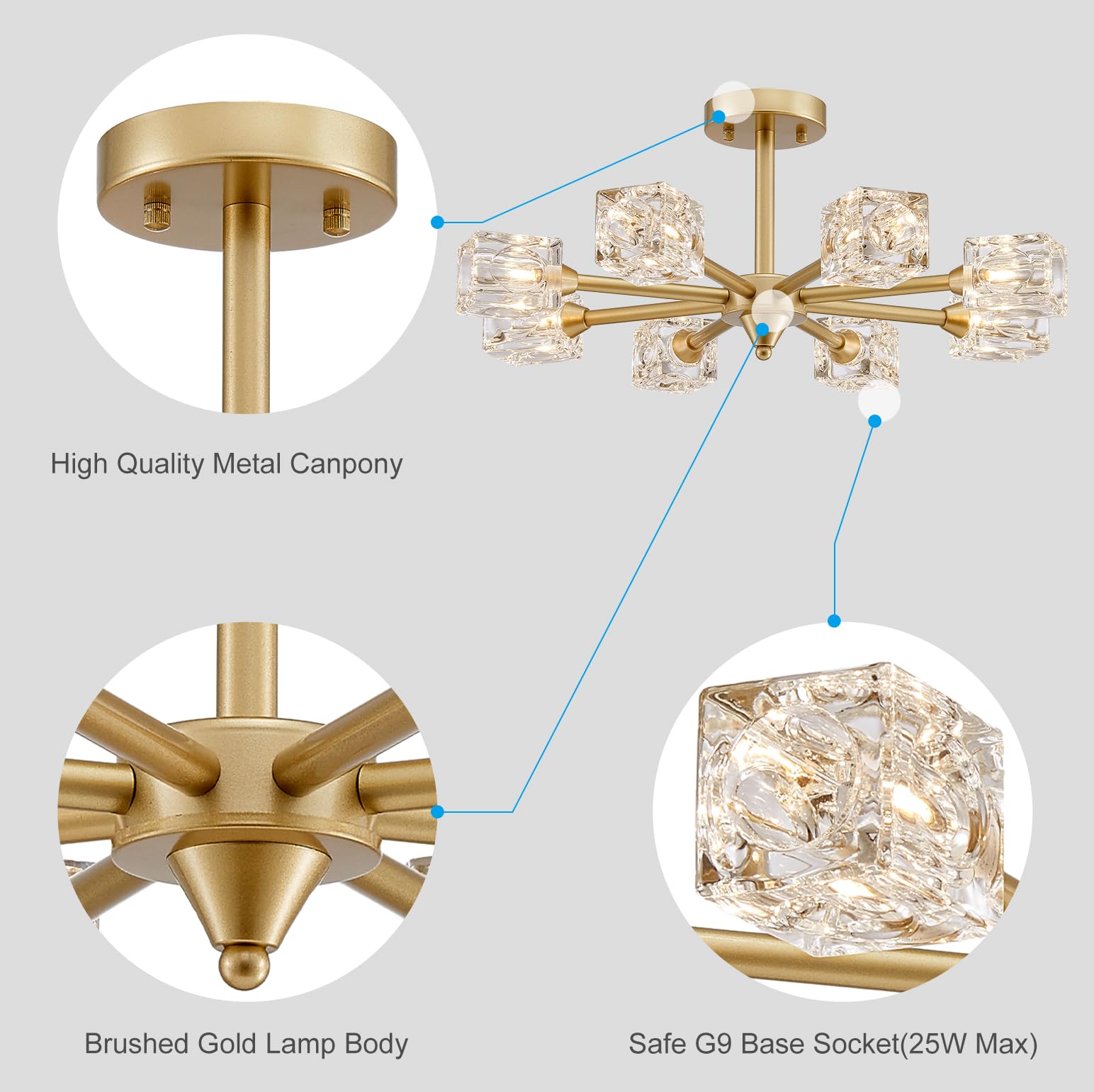 XINGQI Semi Flush Mount Ceiling Light, 8 Lights Gold Metal Sputnik Chandelier for Bedroom, Dining Room, Kitchen, Office