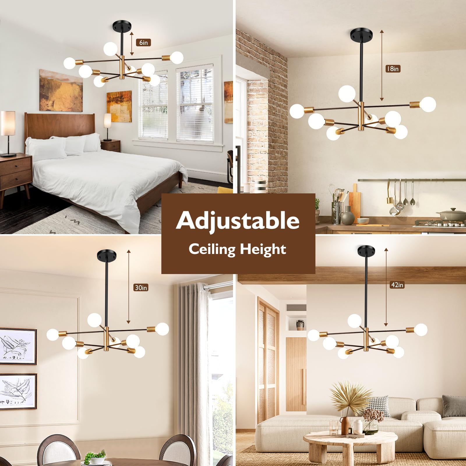 Sheetea 8-Light Sputnik Chandelier, Black & Gold Metal Pendant Light Fixture, Modern Farmhouse, Height Adjustable, Model D6113-08-GDBK