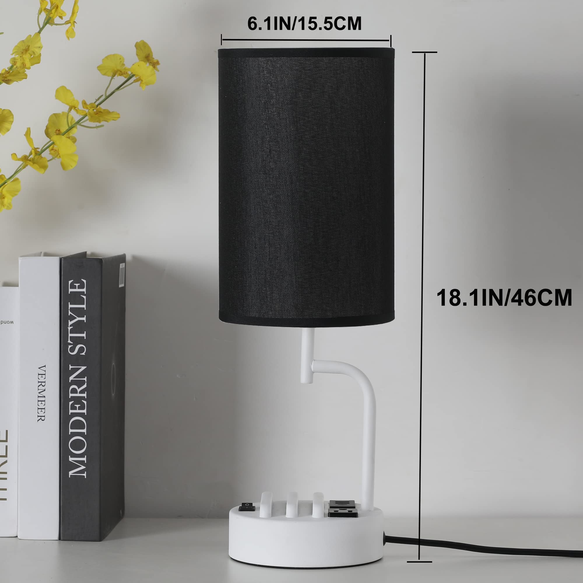 Dreamholder Table Lamp - Modern Desk Lamp with 3 USB Ports, AC Outlet, Phone Stands, Pack of 2, Black & White