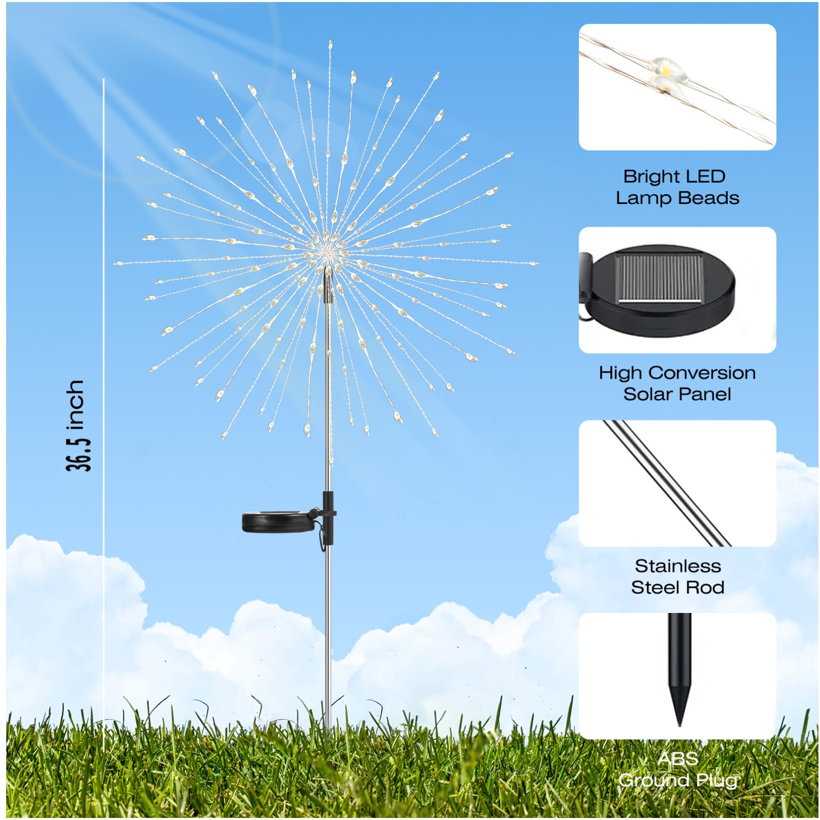 Garden Decor Solar Lights Outdoor 155Led 8 Lighting Modes Pole Light Waterproof Warm White Solar Garden Lights For Christmas  Halloween Decoration Yard  Patio  Porch Flower Pot Pathway (2Pack)