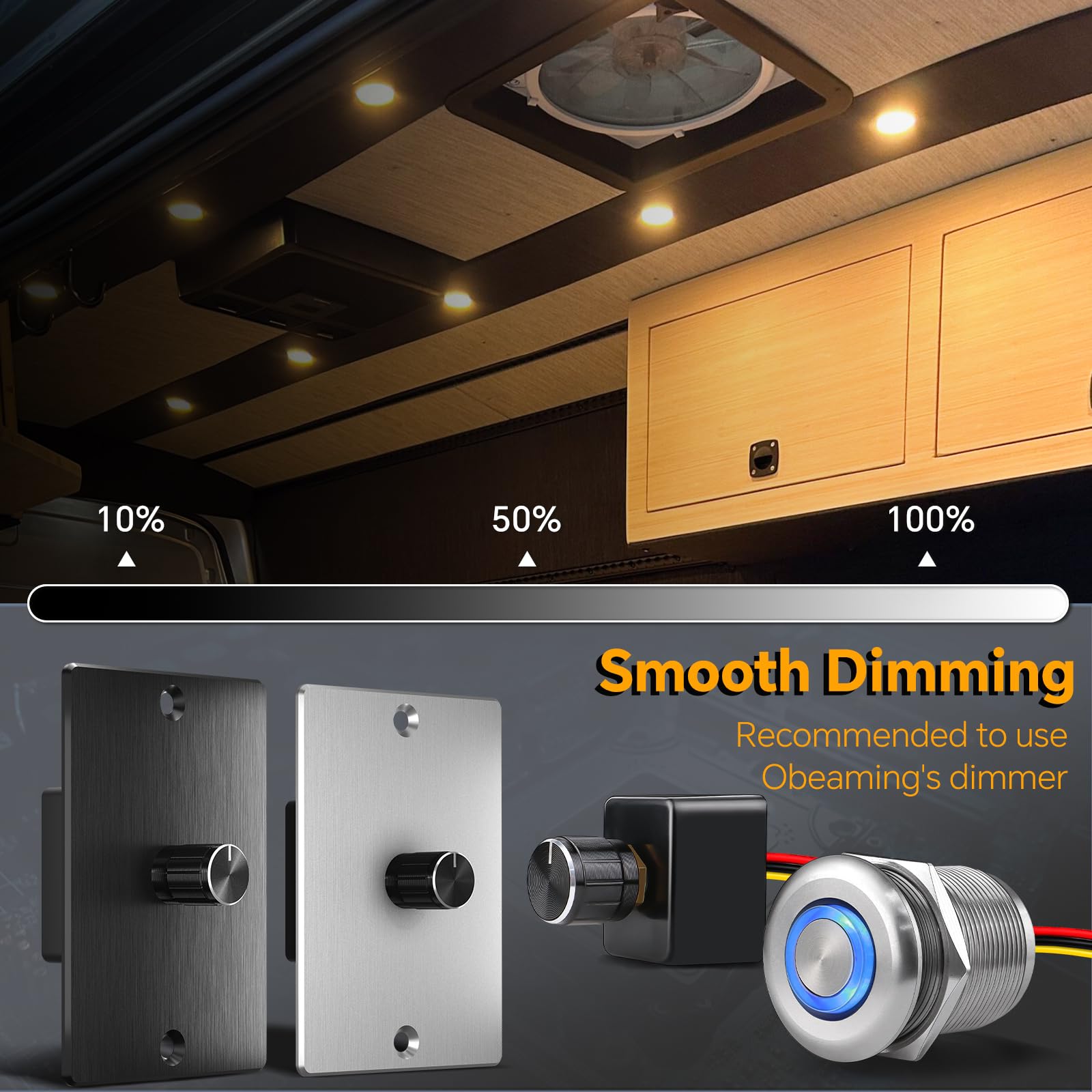 Obeaming 12V LED Puck Lights - 8 Pack, Matte Black, Cool White, Aluminum, Model OB-12V-3-CL-N, Ideal for RV, Camper, Boat