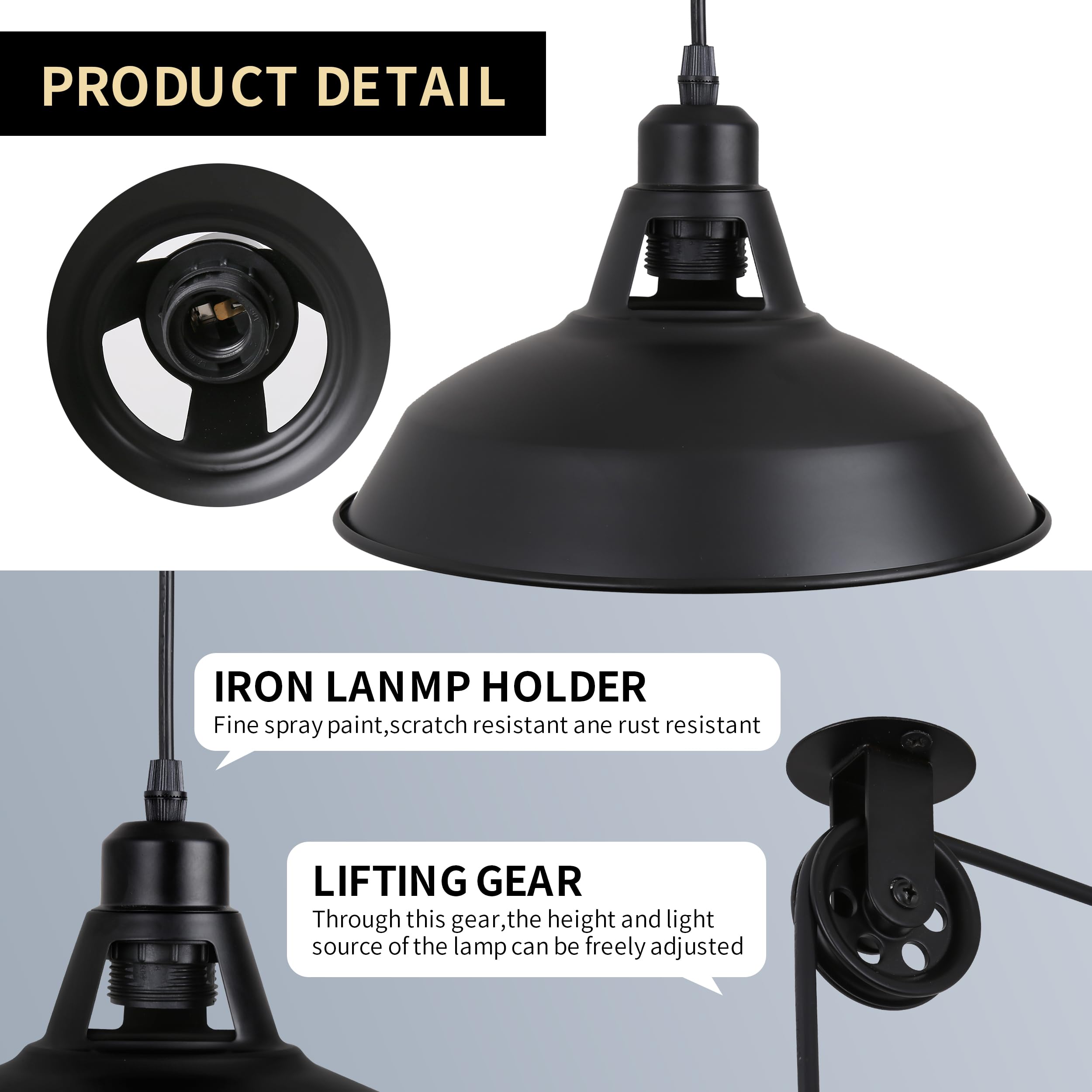 Sunllok Industrial 2Pcs Pendant Light Lift Pipe Pulley Ceiling Fixture - Rustic Retro Adjustable Height Plug In Hanging Lamp With Switch - Indoor Metal Chandelier For Living Room Restaurant (Black)
