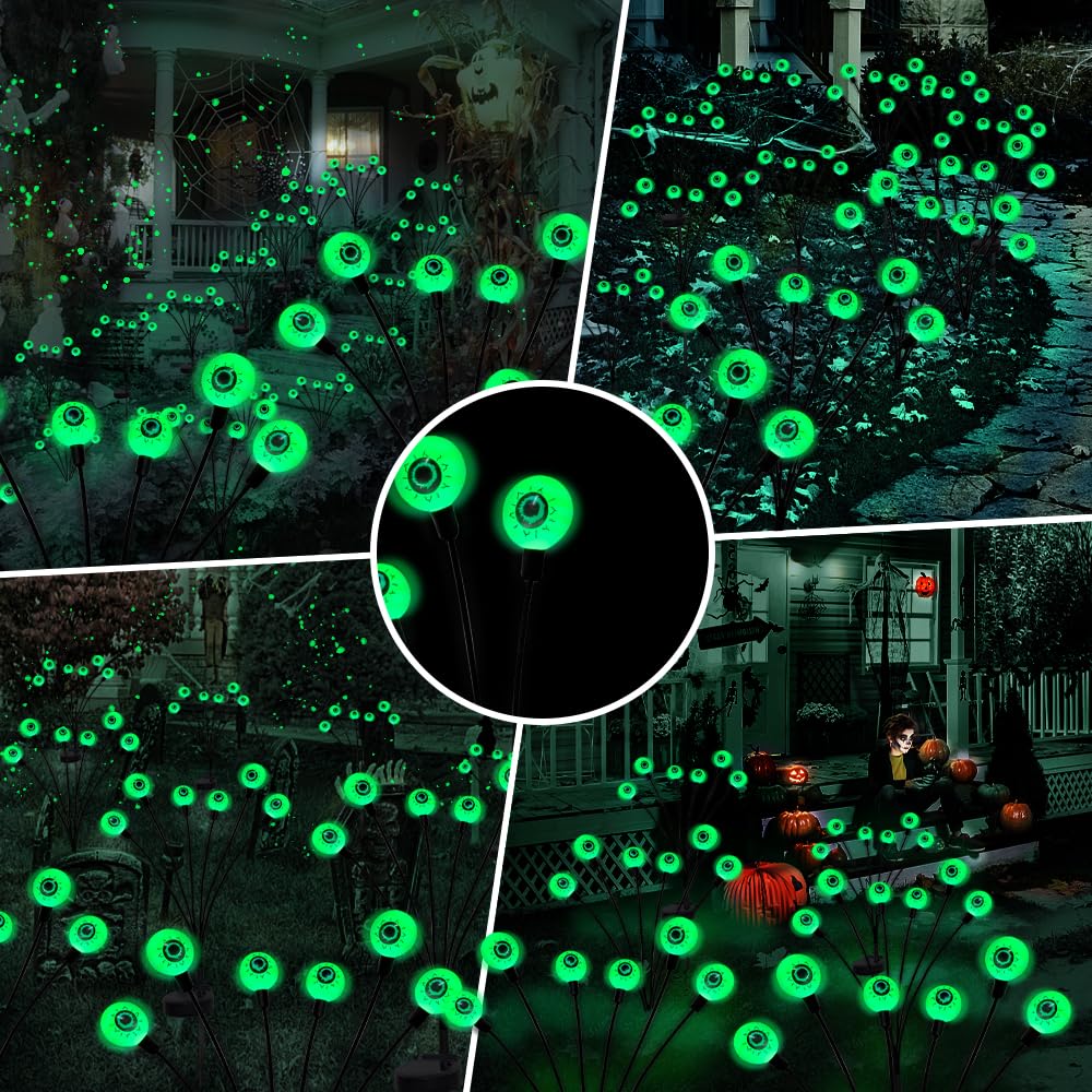 Behiller Solar Halloween Eyeball Lights, 12 Led Green Swaying Firefly Path Decor, 2-Pack