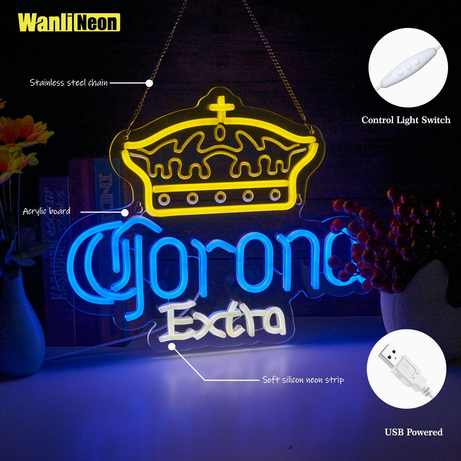 WanliNeon Neon Sign Light - Dimmable LED Crown malt-inspired Decor for Bar, Man Cave, 16.1inx12.6in, Yellow + Blue