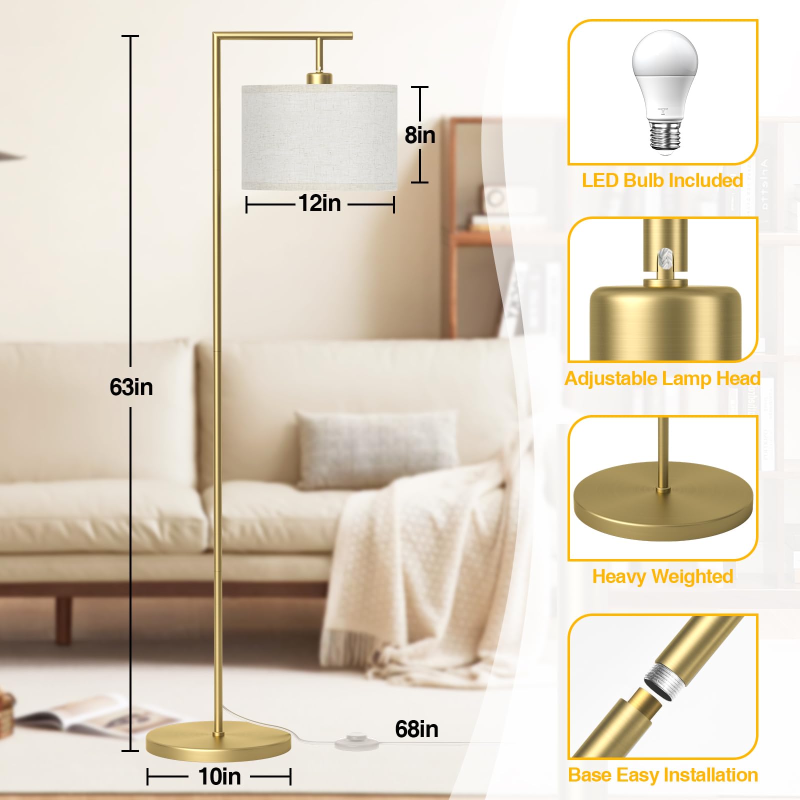 CNXIN Floor Lamp - 3 Color Temperatures, Adjustable Beige Linen Shade, Large Gold Metal, Model CN-FL103A-GD-1, 9W LED Bulb Included