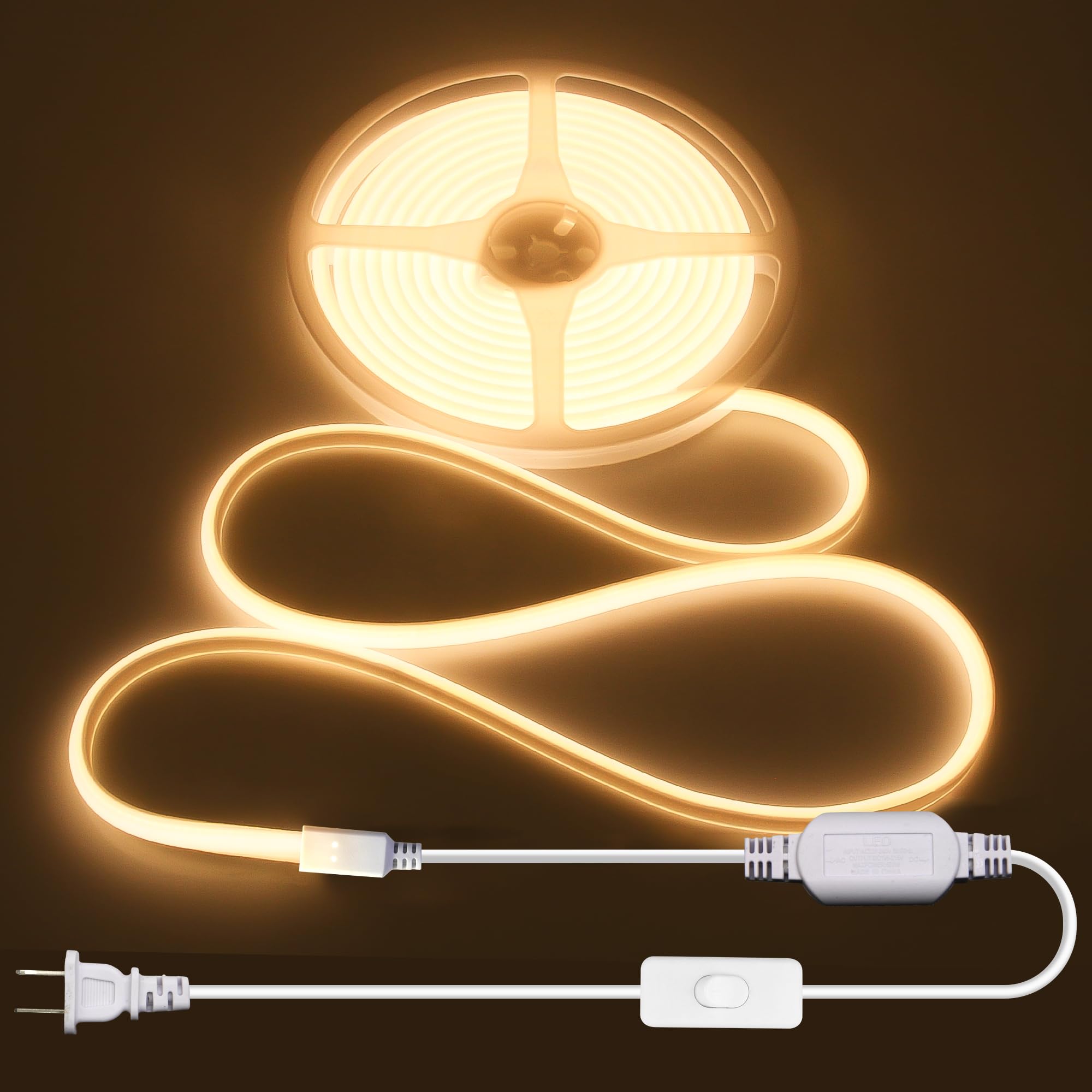 Alitove Cob Led Strip Light Outdoor Waterproof Ip67 Warm White 3000K 16.4Ft Ac 110V 120V Led Neon Rope Lights Super Bright 1440Leds Flexible Led Strip For Home Commercial Lighting(No Remote Dimmer)