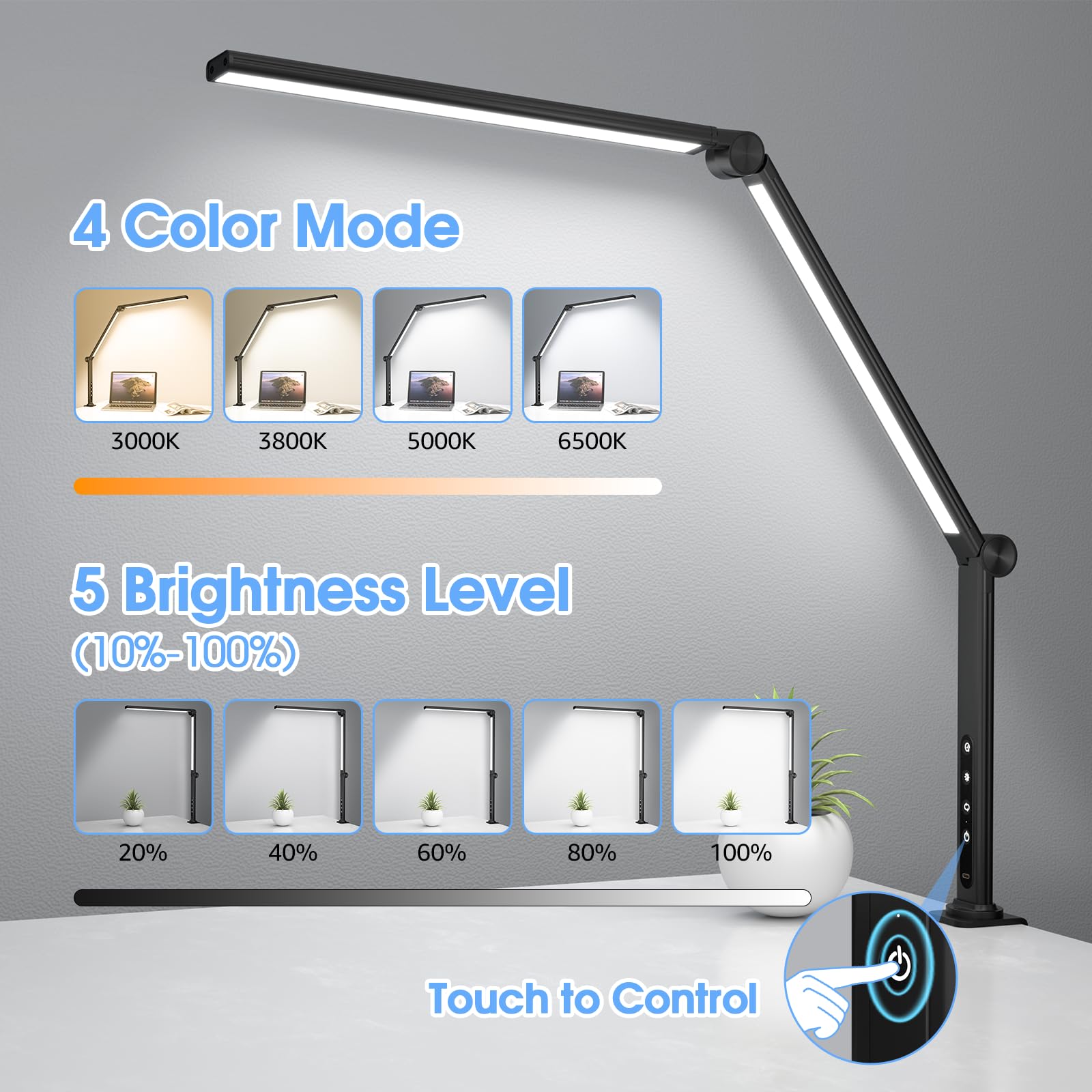 ShineTech LED Desk Lamp, Architect Design, 4CCT Modes, 5 Brightness Levels, Black, Model QY-ZDD01-B