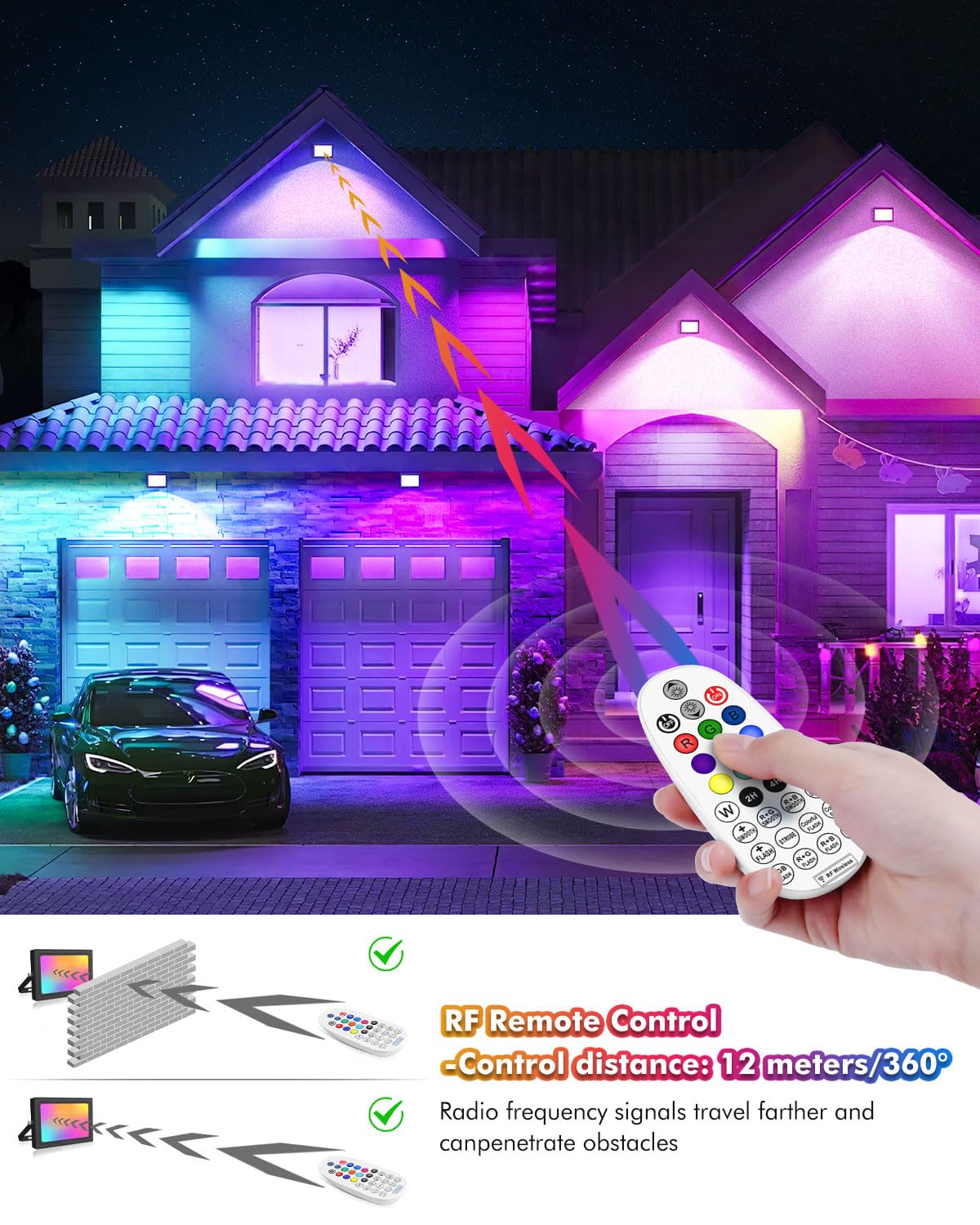 MEIKEE 60W RGBW Flood Lights - 6000LM Color Changing LED, 6500K White Light, Dimmable, 4 Pack, Multicolor Outdoor Lighting