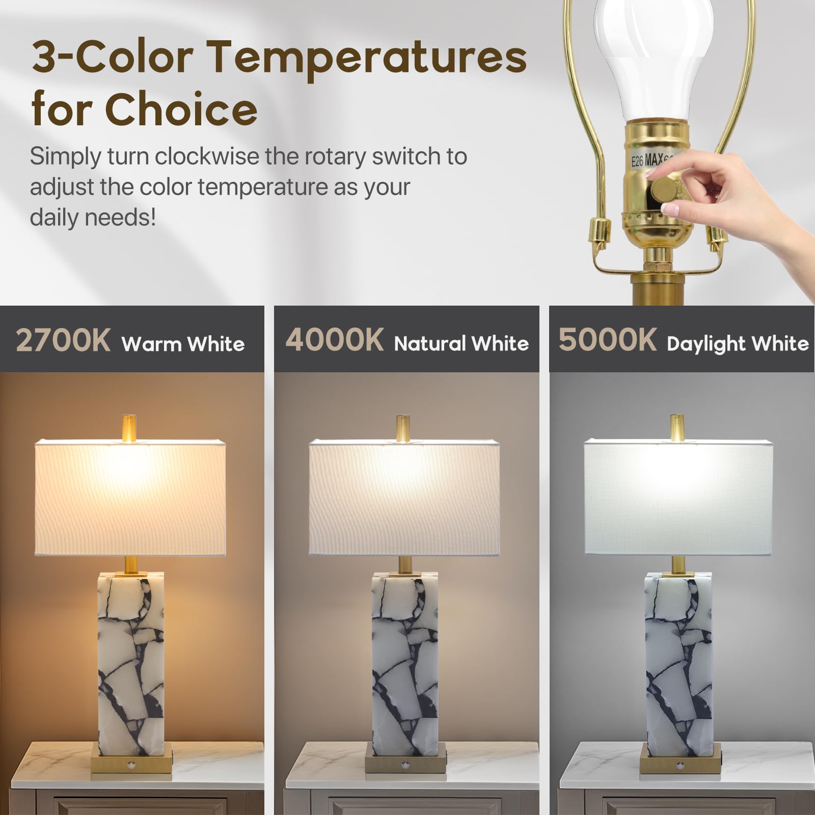 Vallerico Natural Marble Table Lamps Set of 2 - Alabaster with Nightlight, USB Ports, Gold - Ideal for Bedroom or Living Room, Bulbs Included