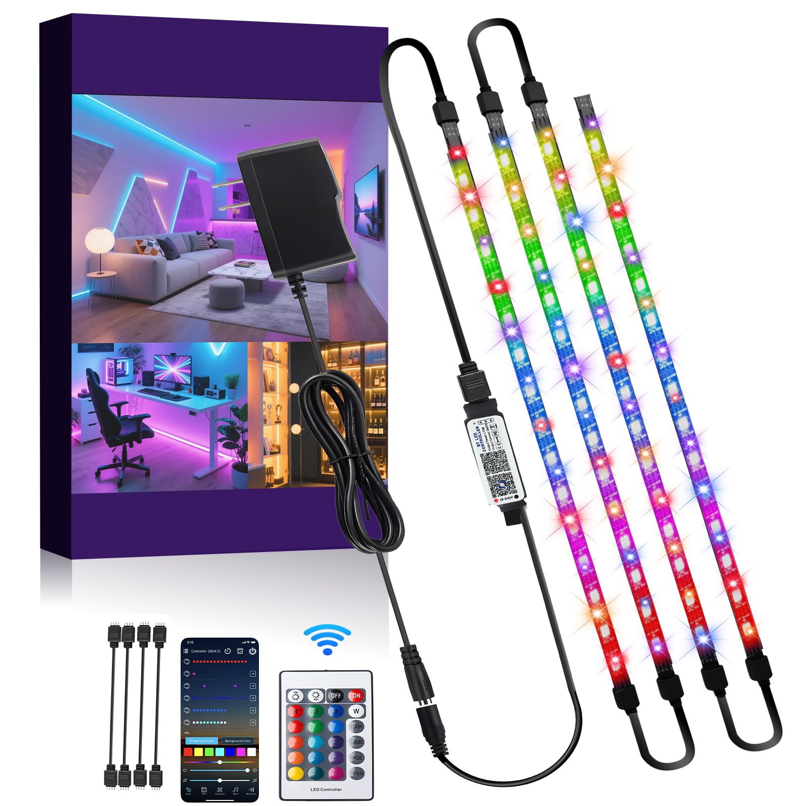 StoneBanks LED Band Lights  11.8FT (4x1.0FT Pre-Cut) RGB 5050 Color Changing Small LED Light Band with Remote & APP Multi-colorfor Band Lights for TV Backlight Bed Cabinet Shelf Display 48 LEDs
