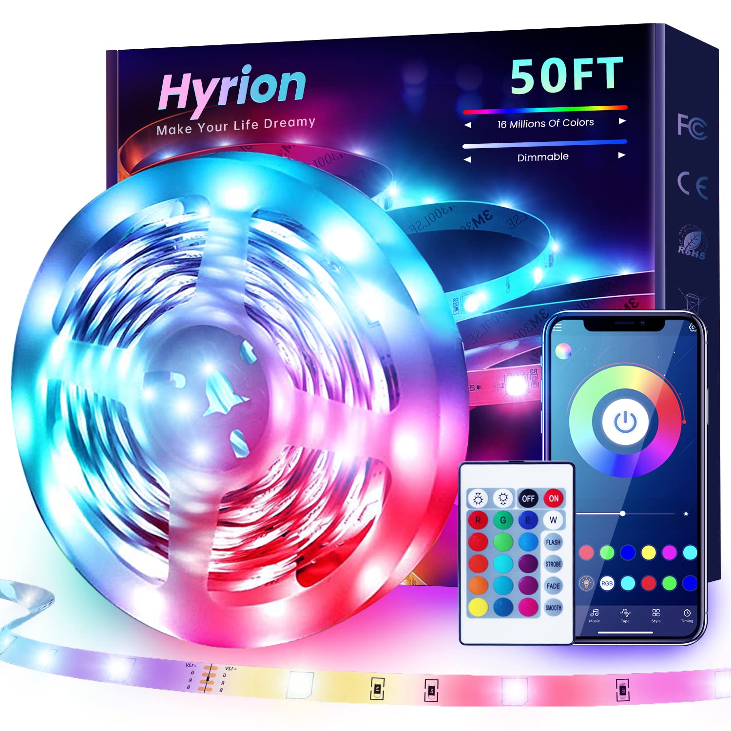 hyrion Bluetooth LED Strip Lights, 50ft RGB 5050, 300 LEDs, Music Sync, Cuttable, Multicolor, Model H-215WLG3013-CA