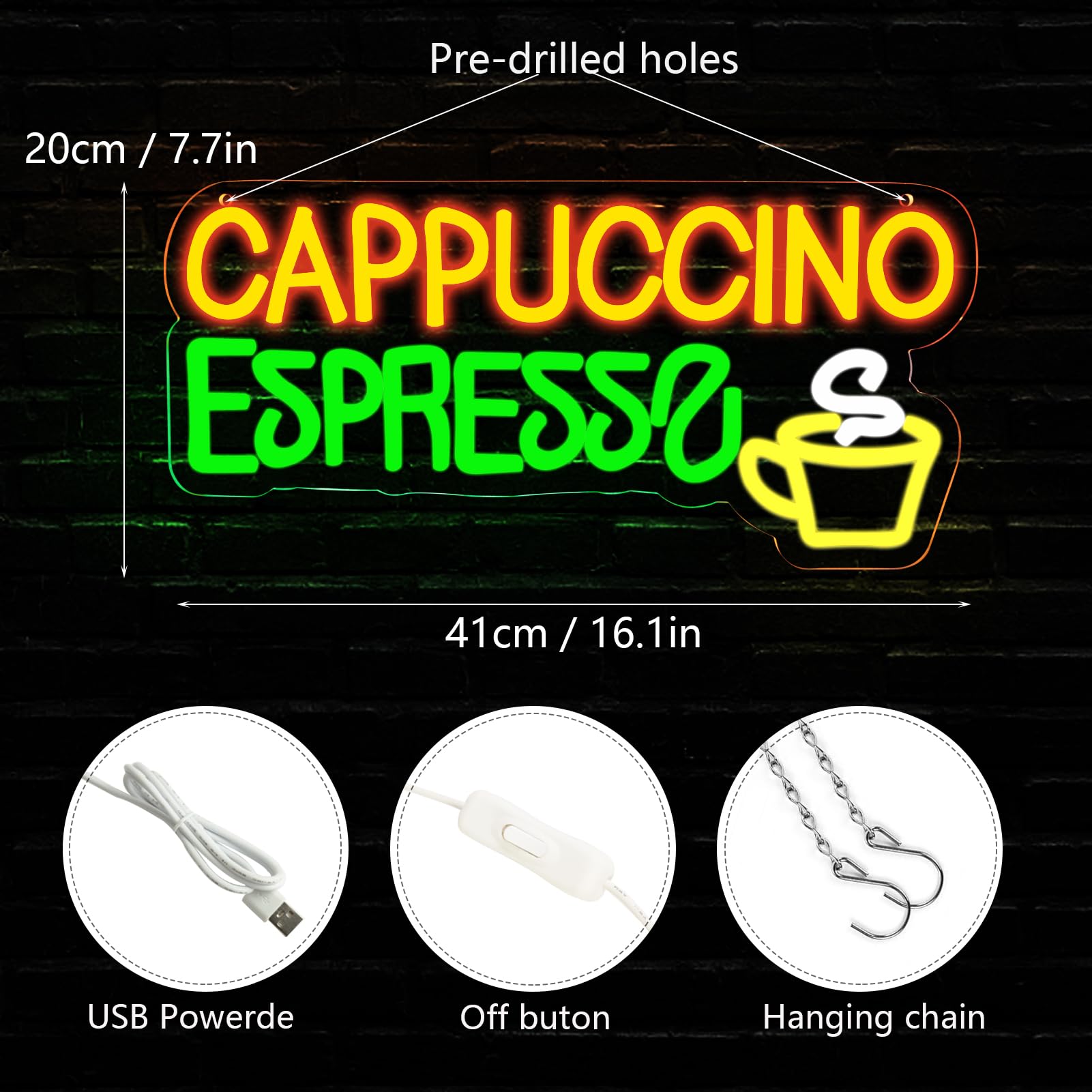 Balanar Neon Sign - Cappuccino Espresso LED Wall Decor for Coffee Bar, 16.1"x7.7", Acrylic, Beer Bar, Bistro Cafe, Man Cave Gift