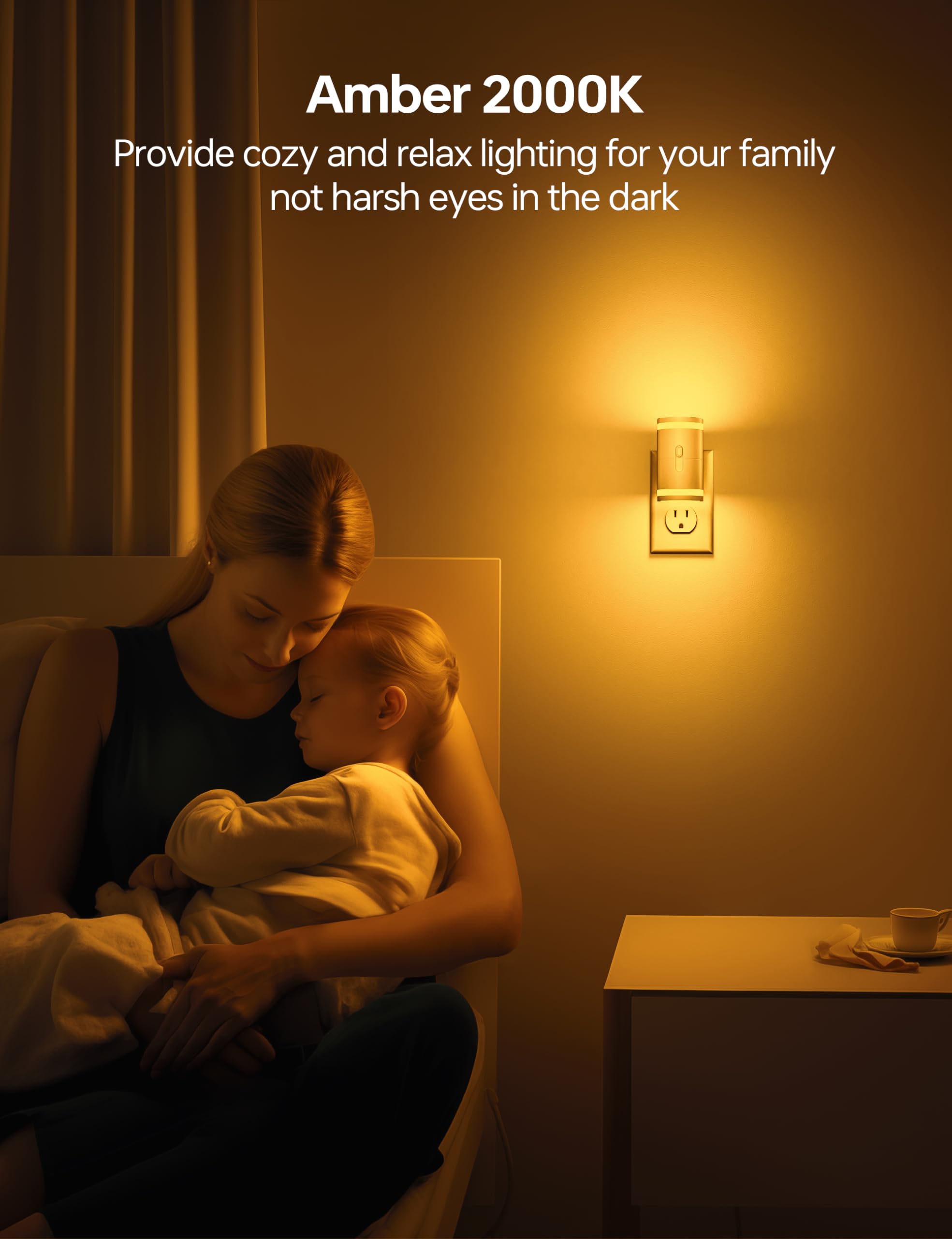 KINDEEP Night Light Plug into Wall with Dusk to Dawn Sensor, Amber, 5-120LM Adjustable Brightness, 2 Pack