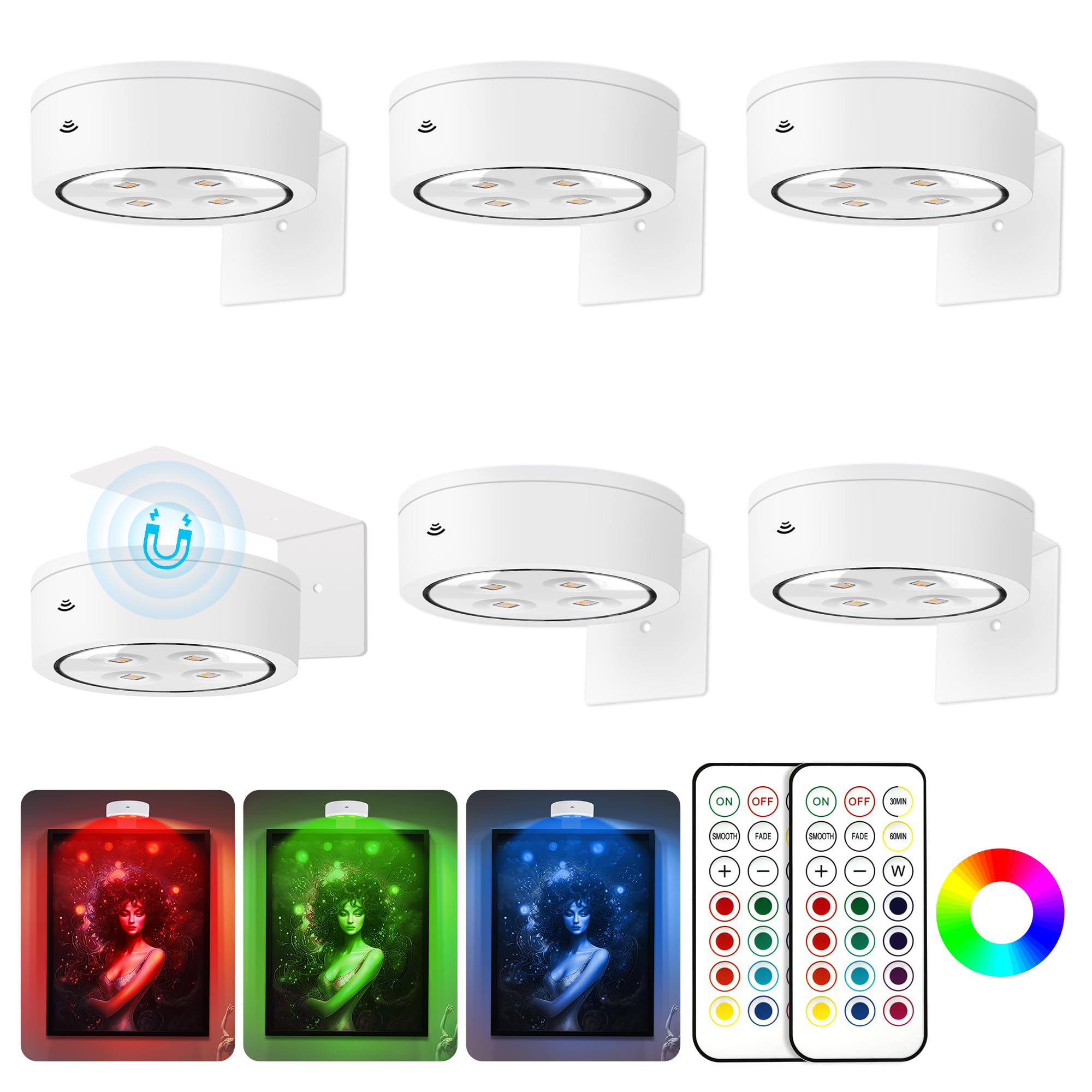 6Pcs Picture Light Battery Operated, 13 RGB Color Magnetic Led Art Display Light for Picture Frame, Battery Powered Painting Lig
