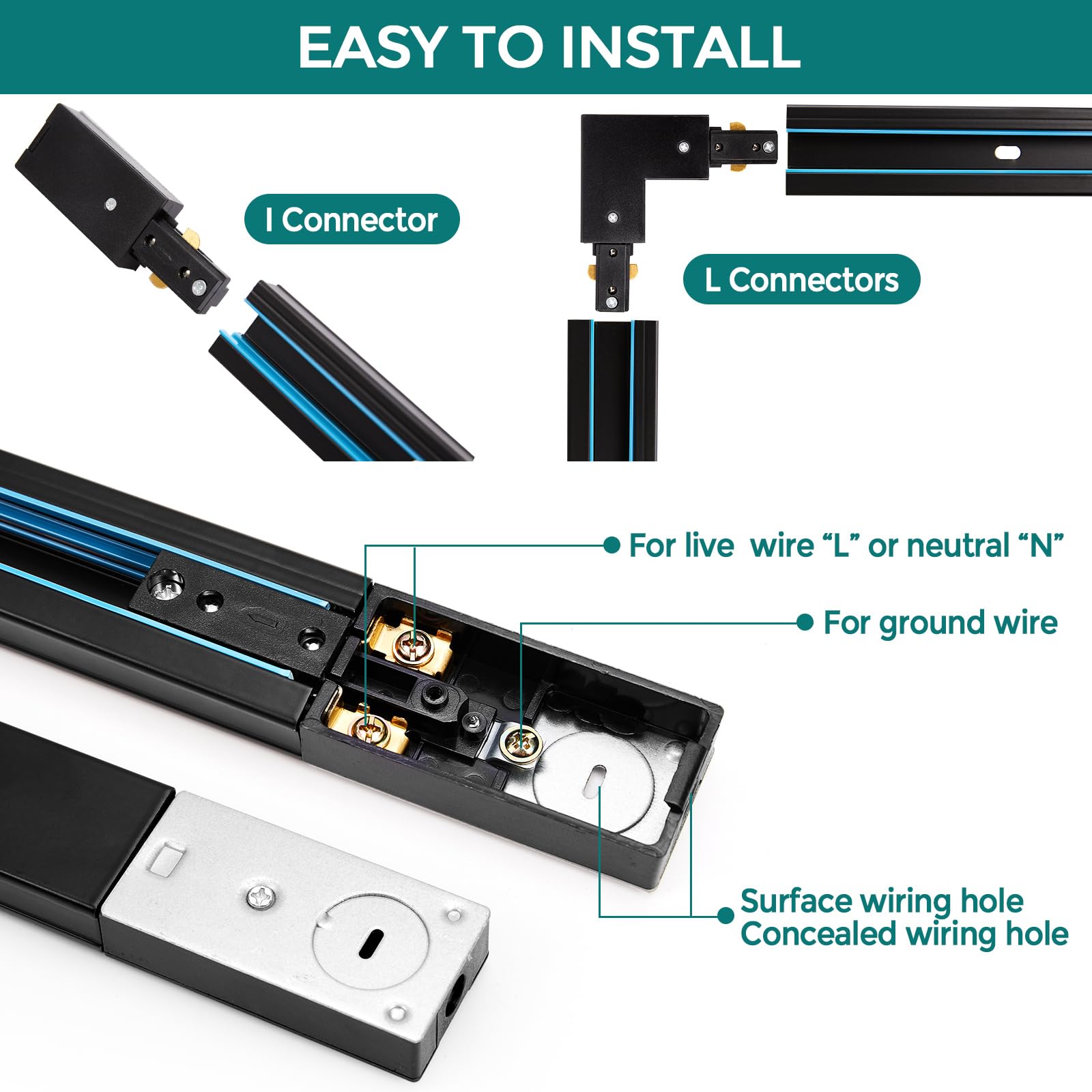 H Track Lighting Rails Kit - Icreating 13Ft Black Track Light Track 3 Wire With Floating Canopy Connector, I And L Connectors Fo