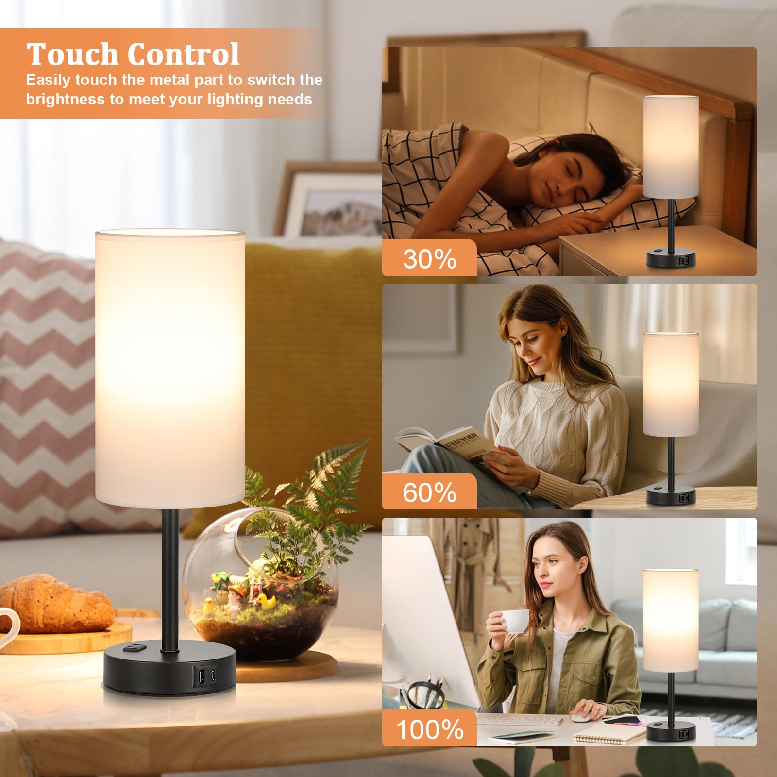 17.4Inches Tall White Bedroom Lamps Set Of 2-3 Way Dimmable Touch Table Lamps With Usb C And A Ports, Lamps For Nightstand With