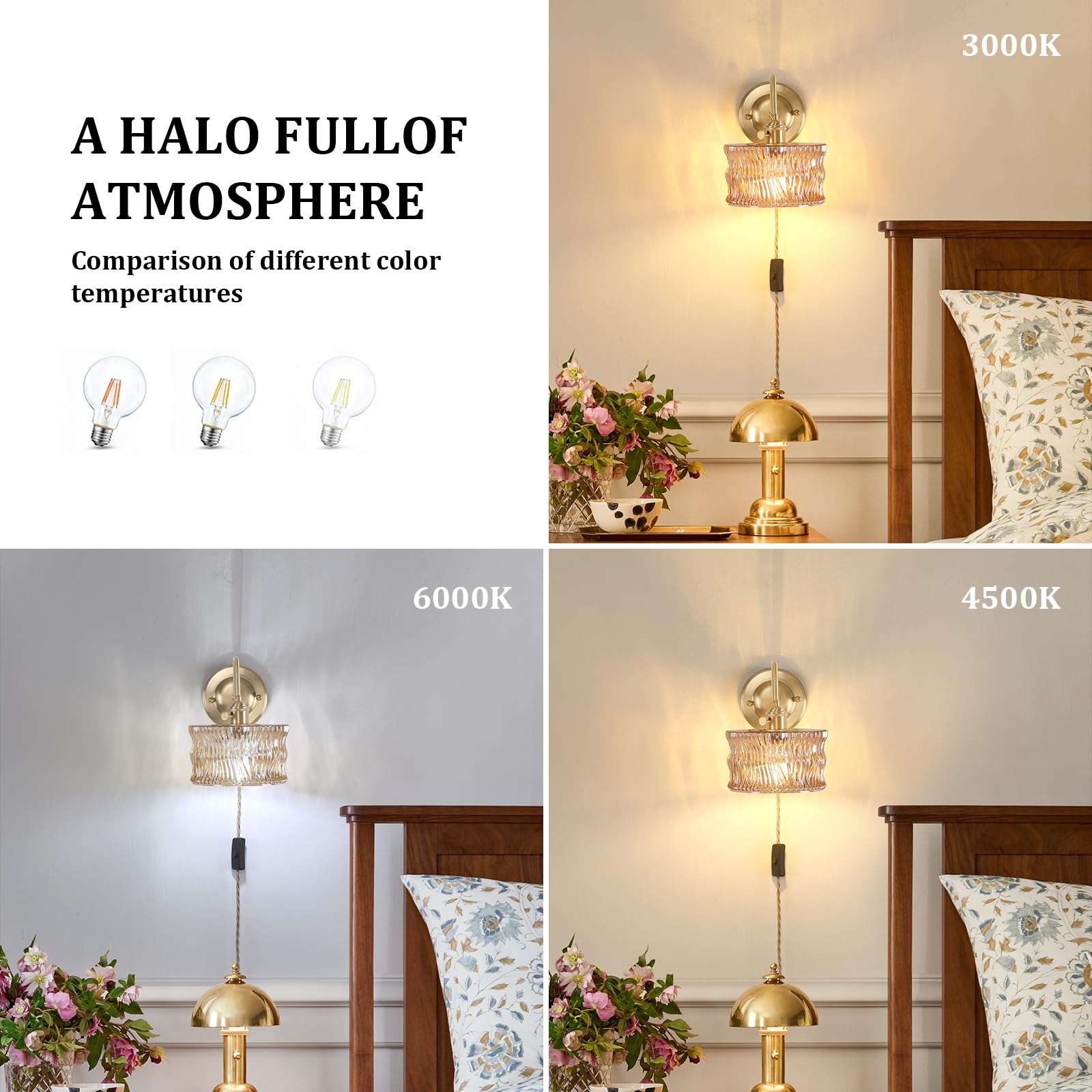 Shenmoyl Wall Sconce Set of 2, Gold Vintage Indoor Lamp, Amber Ripple Glass Shade, 2 Light Plug in, Model 1-93723-wlampp