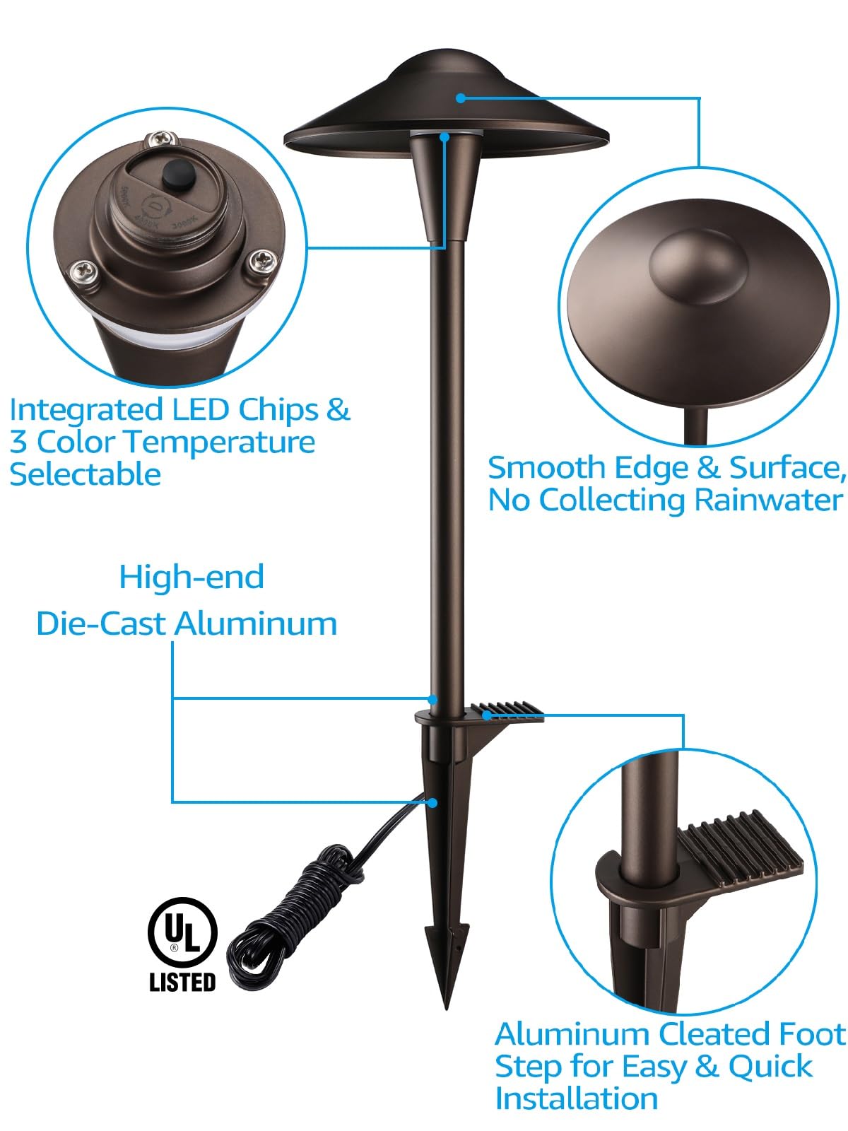 LEONLITE LED Landscape Path Lights, 3CCT 3000K/4000K/5000K, Oil-Rubbed Bronze, Model 95166, Pack of 6