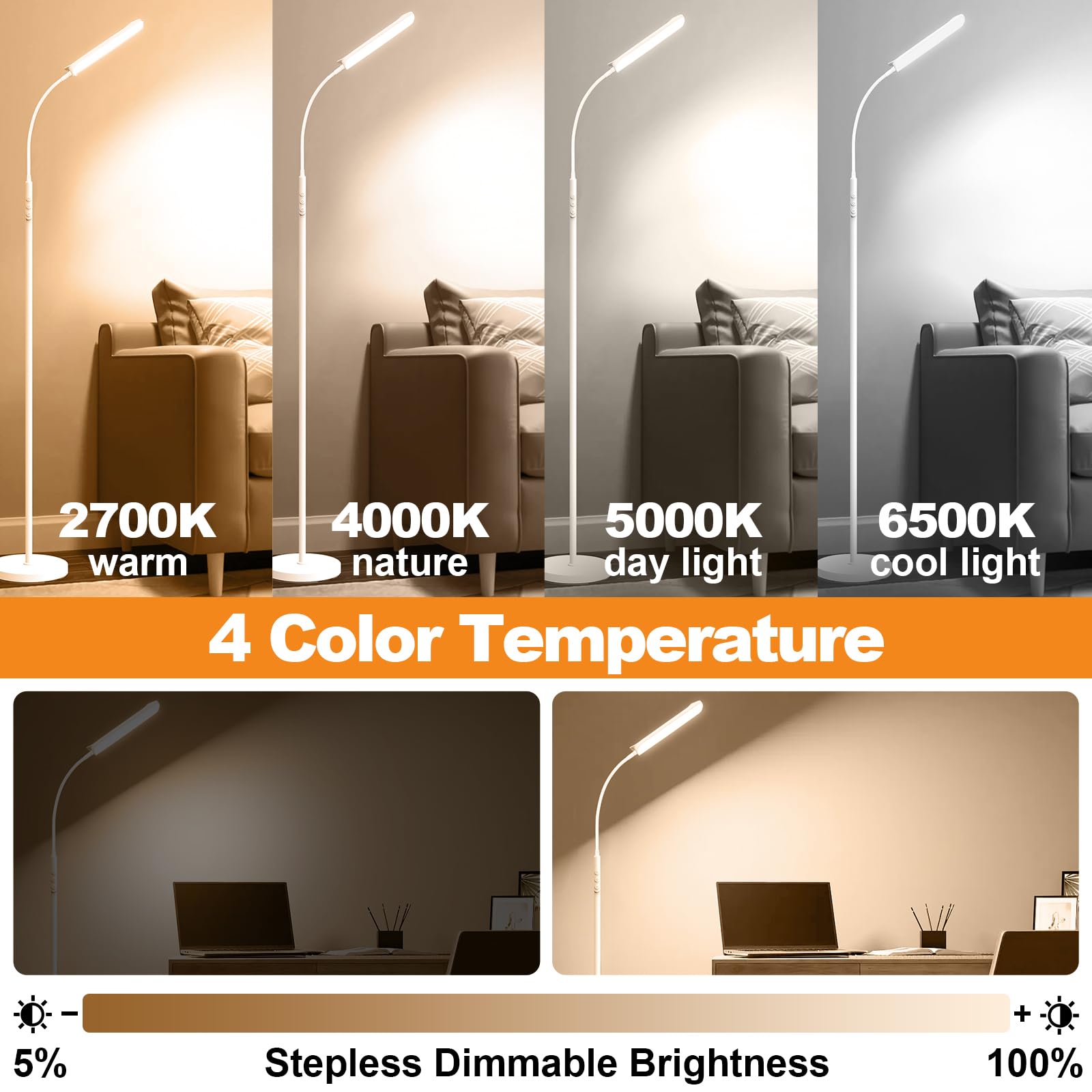 Marctronic White Floor Lamp, 18W 1800Lm Bright Led Floor Lamp For Living Room Bedroom, Dimmable Timing Eye Caring Reading Standi