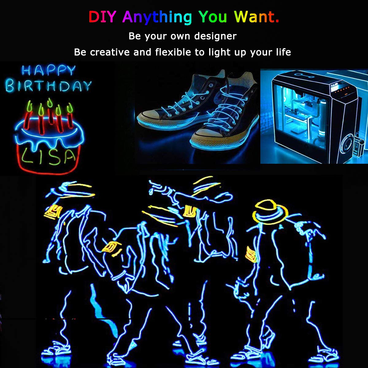JIGUOOR EL Wire Neon Light Strip, 9.8ft/3m, Blue, Copper Material, 360° Illumination for DIY & Party Decoration