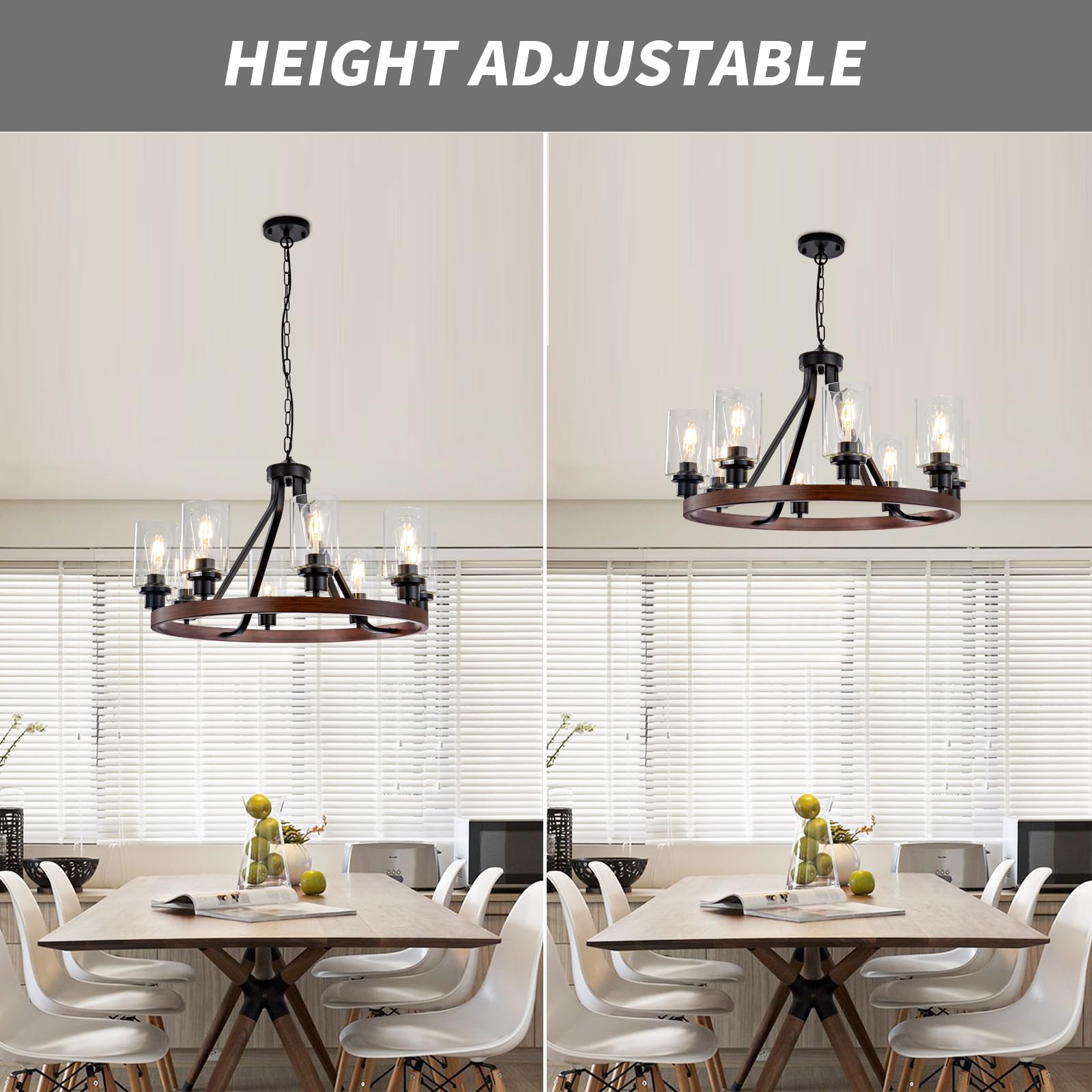 Lanhall 8-Light Rustic Farmhouse Chandelier - Metal & Glass Pendant Light Fixture, Adjustable Height, Wooden Finish, Model 500-100-1063