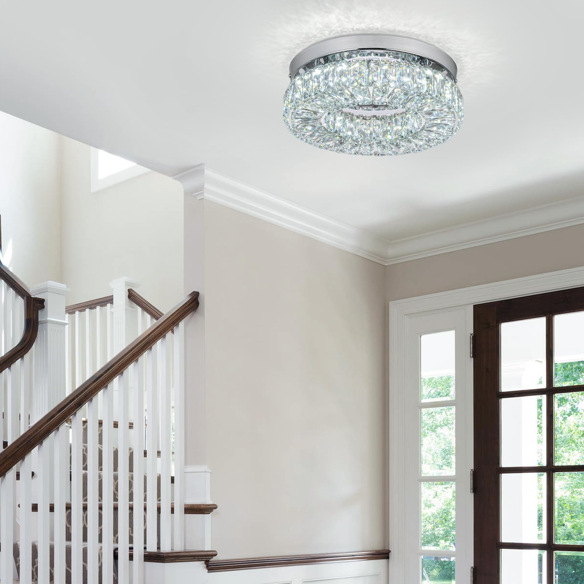 Dimmable Crystal Chandeliers 11.8'' Led Flush Mount Modern Ceiling Light Fixtures For Bedroom Dining Room Hallway (2500K To 6500