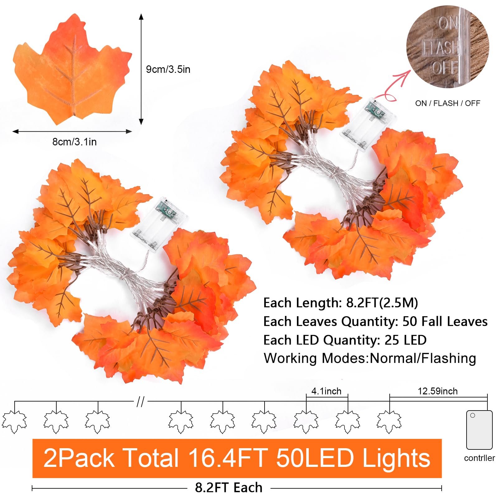 2 Pack Thanksgiving Decorations for Home Lighted Garland, Total 16.4Ft 50LED Fall Halloween Maple Leaves String Lights Battery O