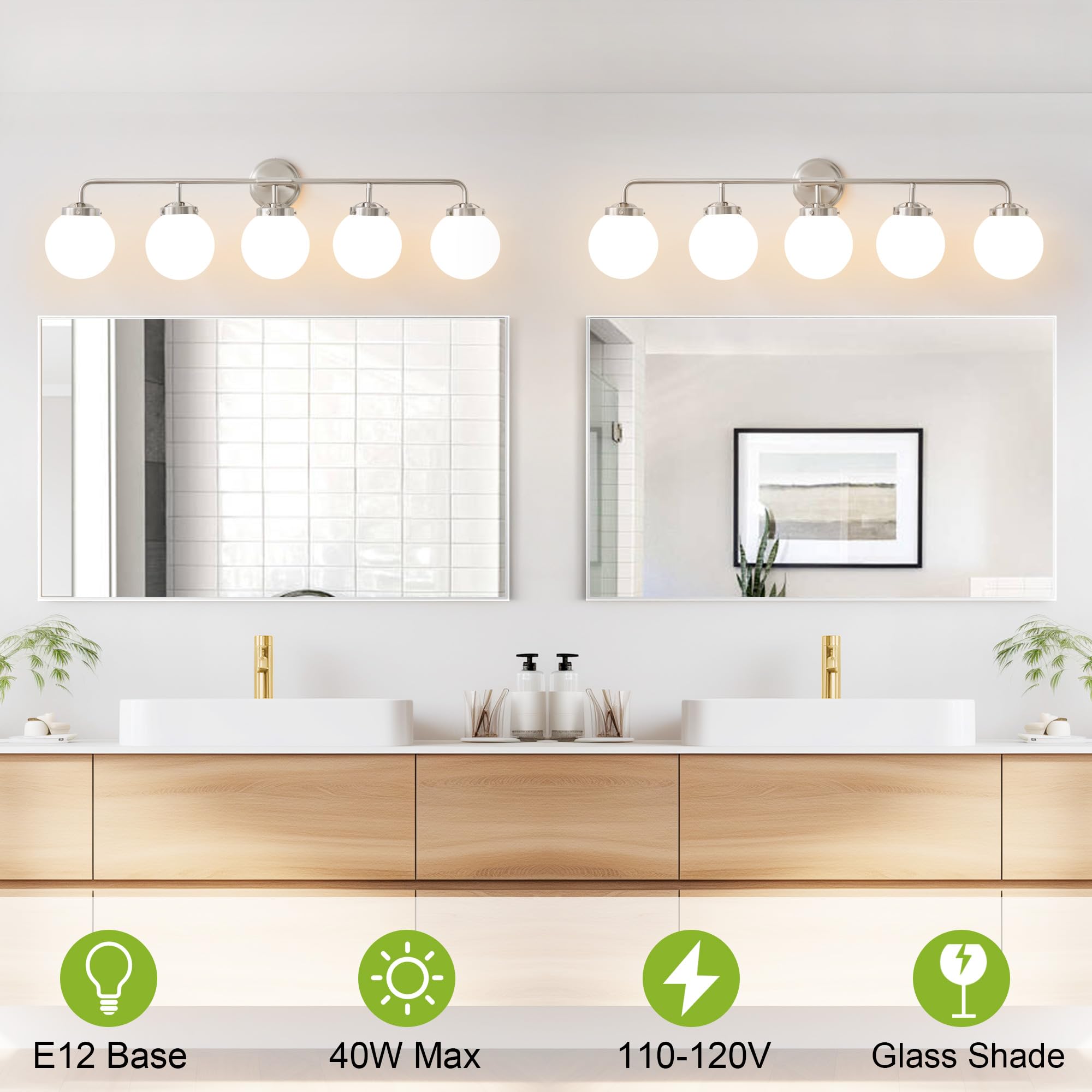 Deyidn Bathroom Light Fixtures Over Mirror, Brushed Nickel Modern Vanity Lighting With Milk White Glass Globe Shades 5-Light Far