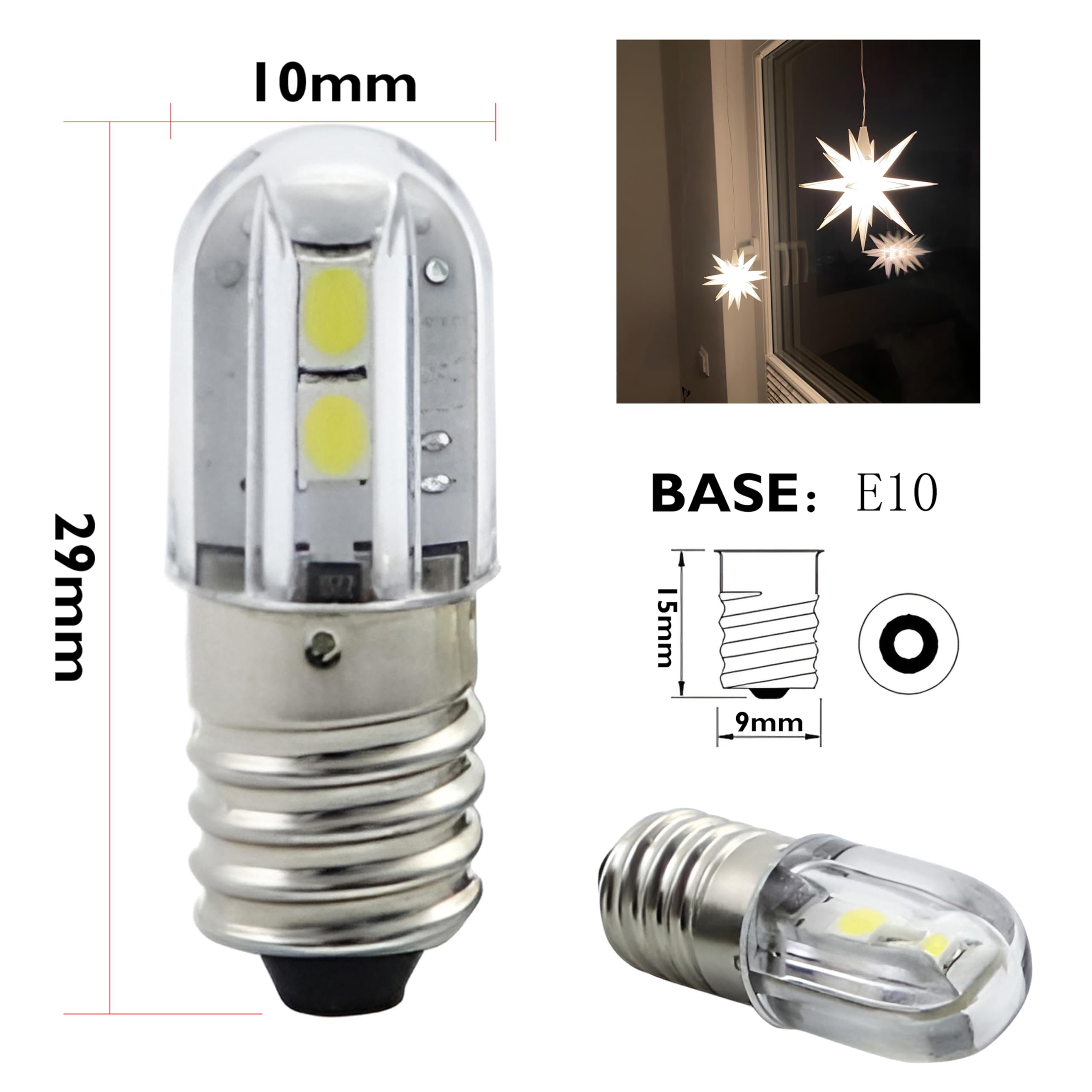 Gutreise E10 Led Light Bulb,5 Pcs 12V Cold White Lamp 1W 100Lm 6500K, Miniature Screw Replacement Bulbs (Cold White, 12V)