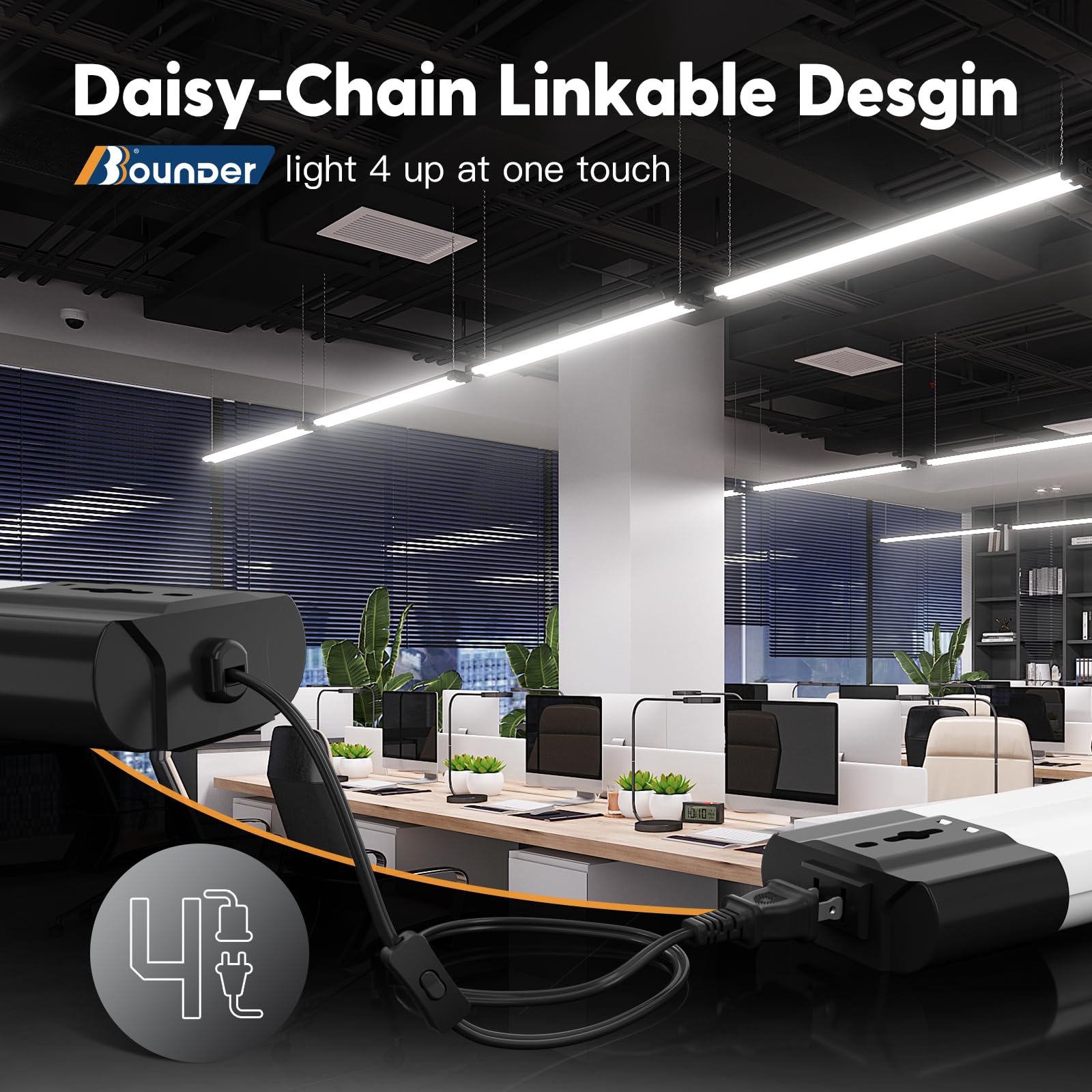BBOUNDER Linkable LED Shop Light, 12 Pack, 4FT, 6500K Cool Daylight, 4400 LM, Black with Reflector, Surface & Suspension Mount