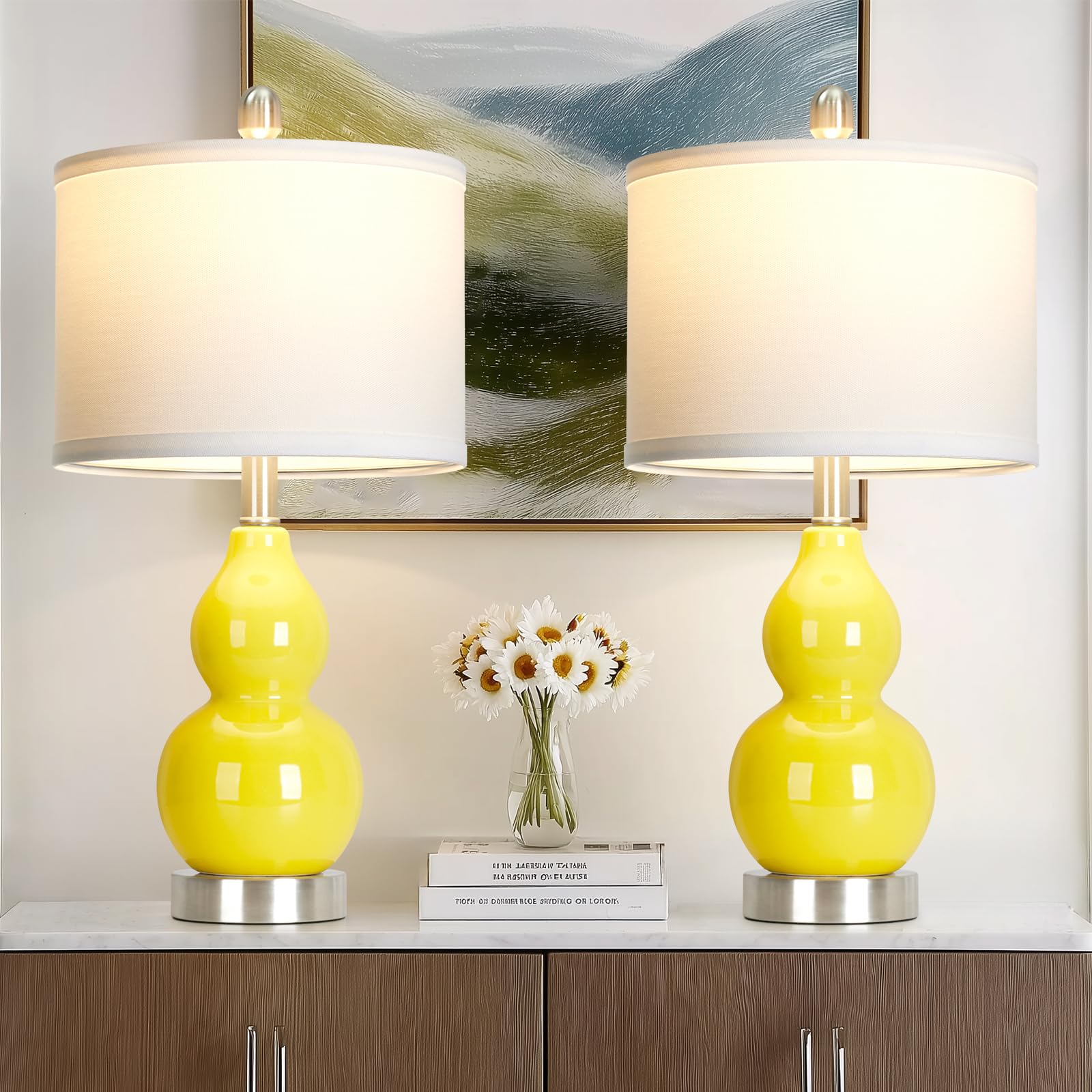 luxeflow Double Gourd Ceramic Table Lamps Set of 2  Yellow Modern Bedside Lamps for Living Room  Contemporary Nightstand Desk Lamps for Bedroom End Table Home Office Decor(2 LED Bulbs Included)