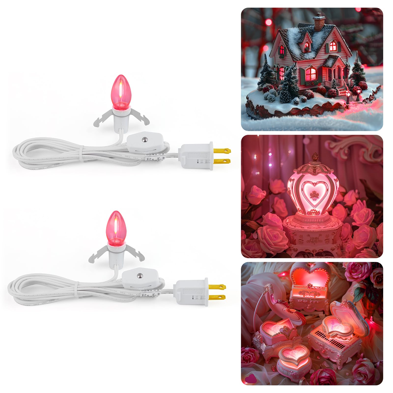 Accessory Cord with One LED Light Bulb - 6ft Cord with On/Off Switch for Valentine's Day Pumpkin, DIY Craft Projects, Paper Lantern Valentine's Day Decoration, Village House, 2 Pack, Pink