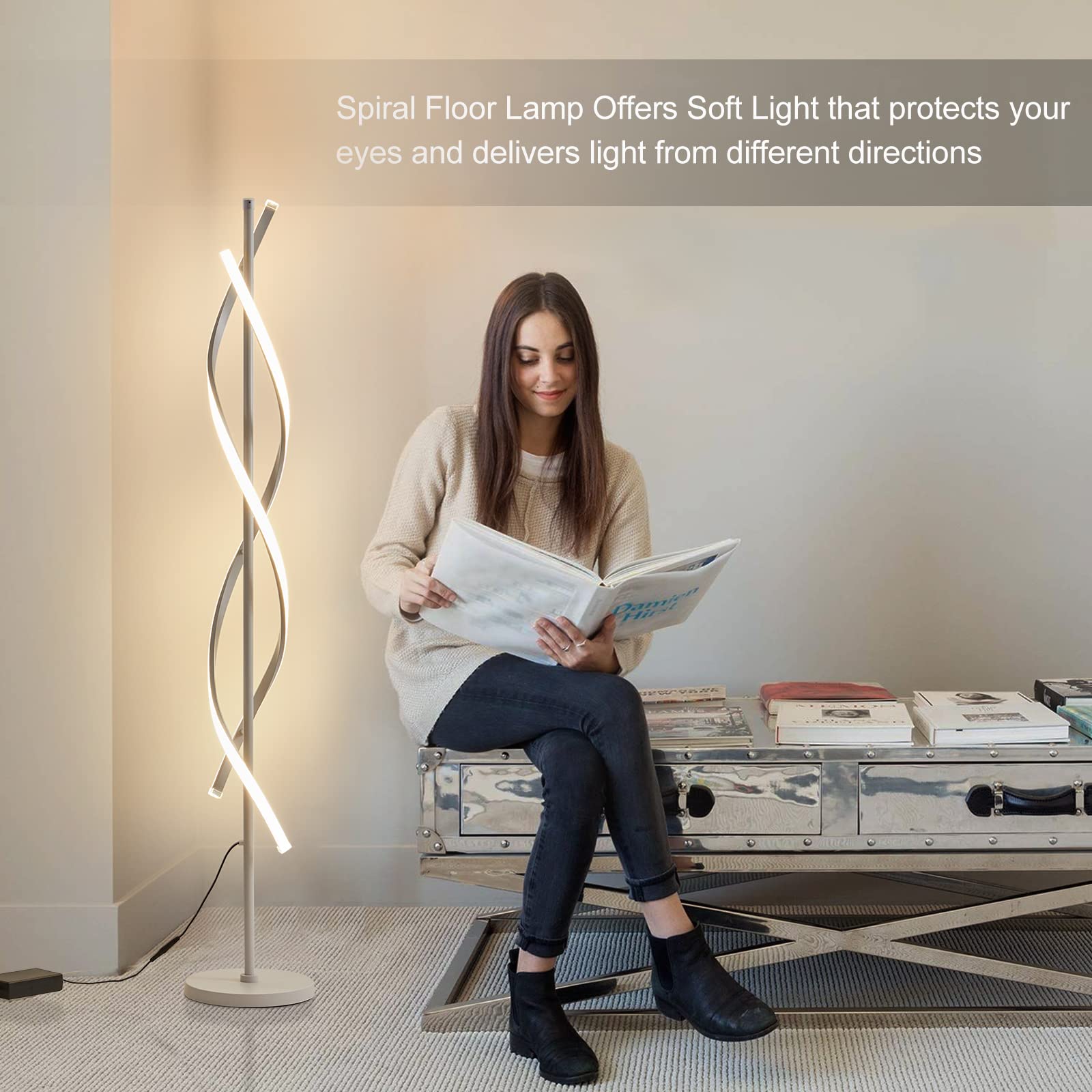 Jtfany Modern Spiral Floor Lamp With Remote Control - 60 Inch Dimmable White Lamp, 48W, Timer, 3 Color Temperatures For Living R