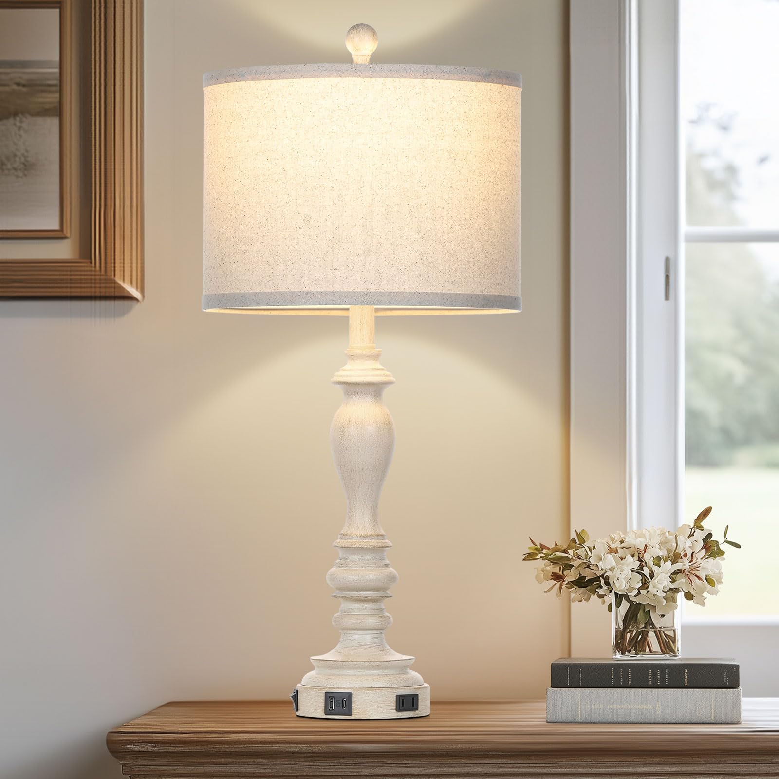 Cinyirong 27.5'' Single Table Lamp for Living Room, Farmhouse Bedside Lamps with USB A+C Charging Ports for Bedroom Kids Room Do