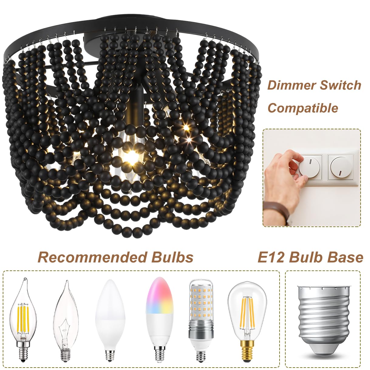 Black 12.6 Inch Boho Chandelier,Wood Beaded Chandelier Light Fixture, Bohemia Draped Bead Chandelier Flush Mount/Semi Flush Moun