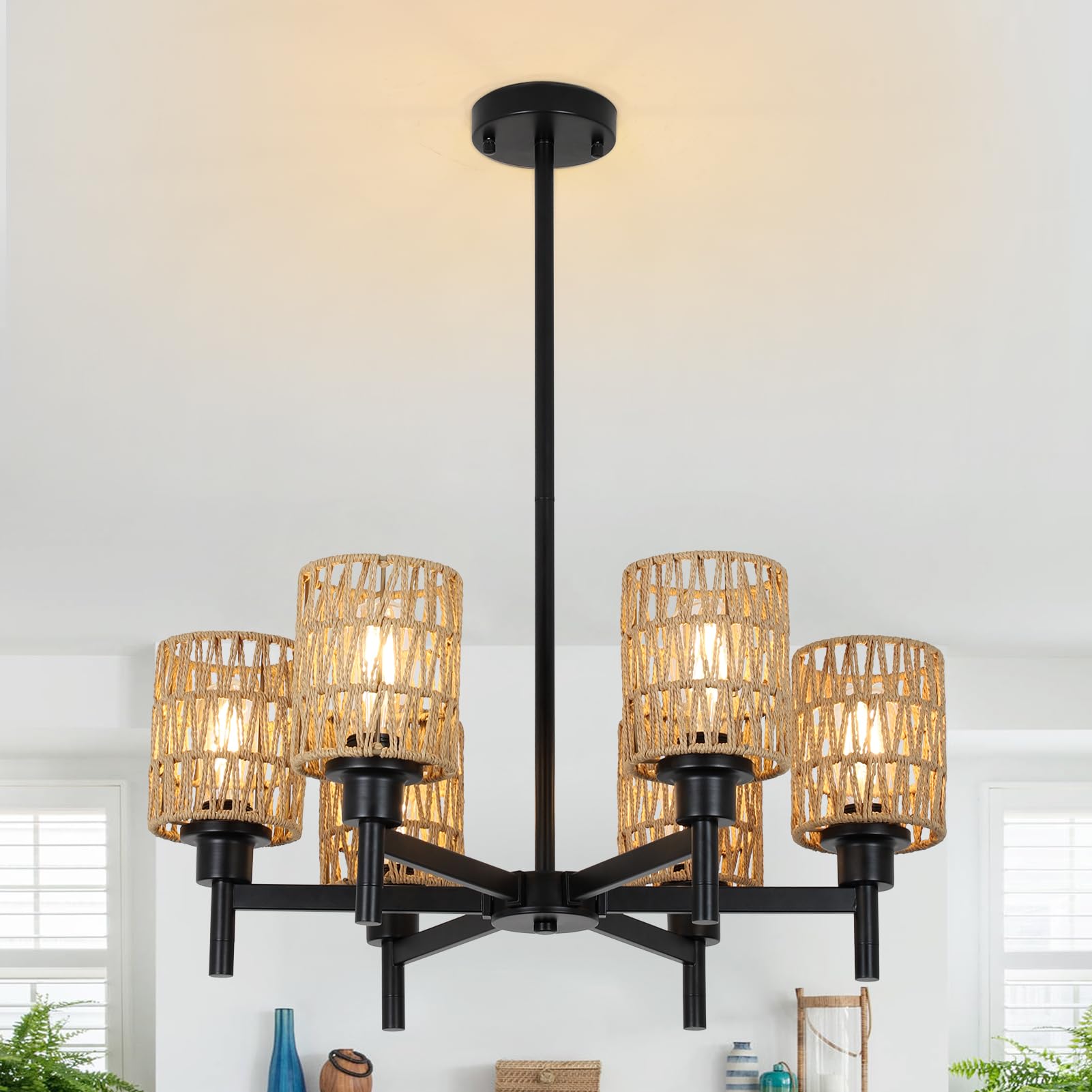 Airposta Rattan Farmhouse Chandelier For Dining Room, Black Pendant Lights Kitchen Island Lighting, Boho Chandeliers Ceiling Han