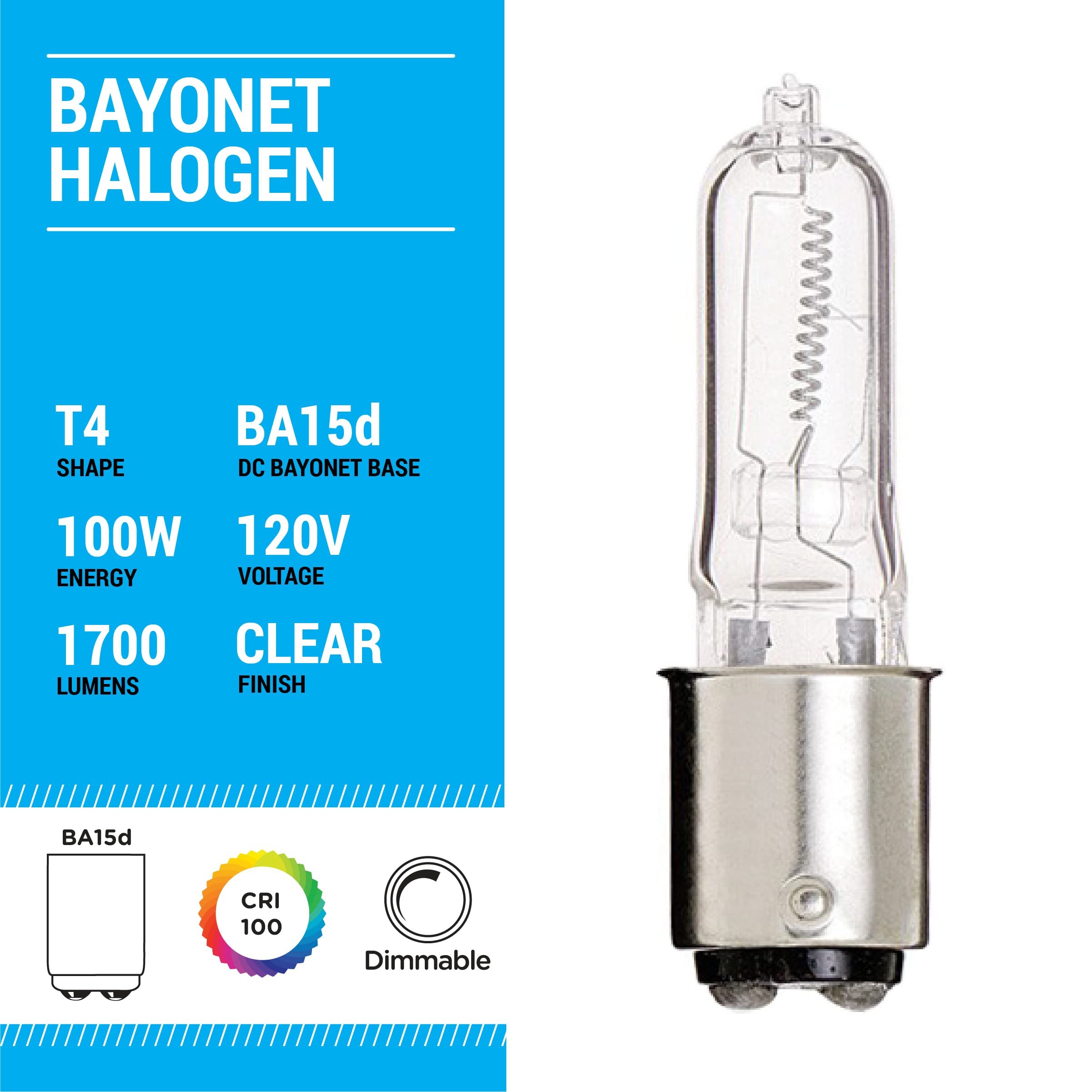 Kor (Pack Of 10) Q100Cl/Dc - 120-Volt - Halogen Jd Type T4 - Ba15D - Dc Bayonet Base - 100-Watt - Clear Light Bulbs