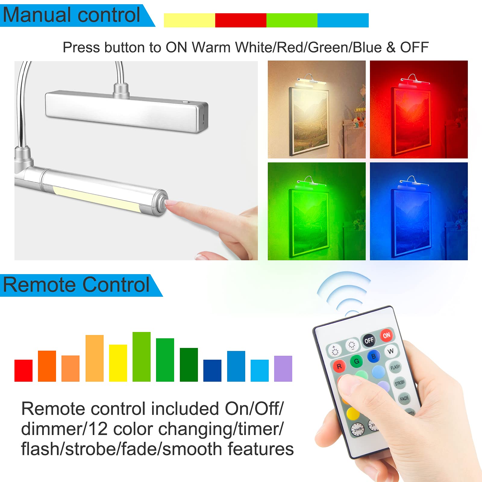 Hongut Rechargeable Wireless Picture Light With Remote, 28 Leds, 12 Color Options, Silver