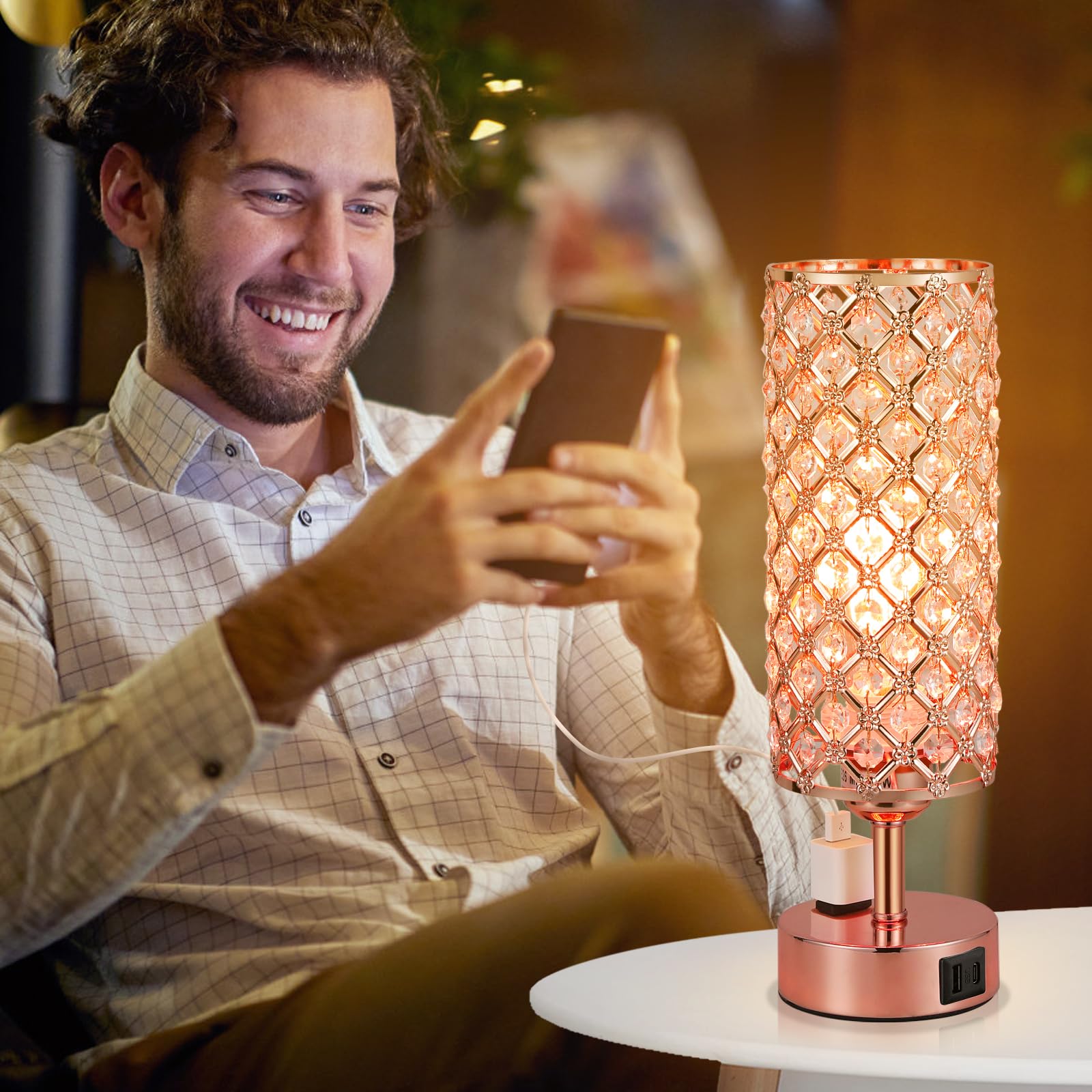 Hong-In Crystal Table Lamp, Rose Gold Bedroom Lamp With Usb C+A Ports & Ac Outlet, 3 Way Dimmable Light With Crystal Lampshade,