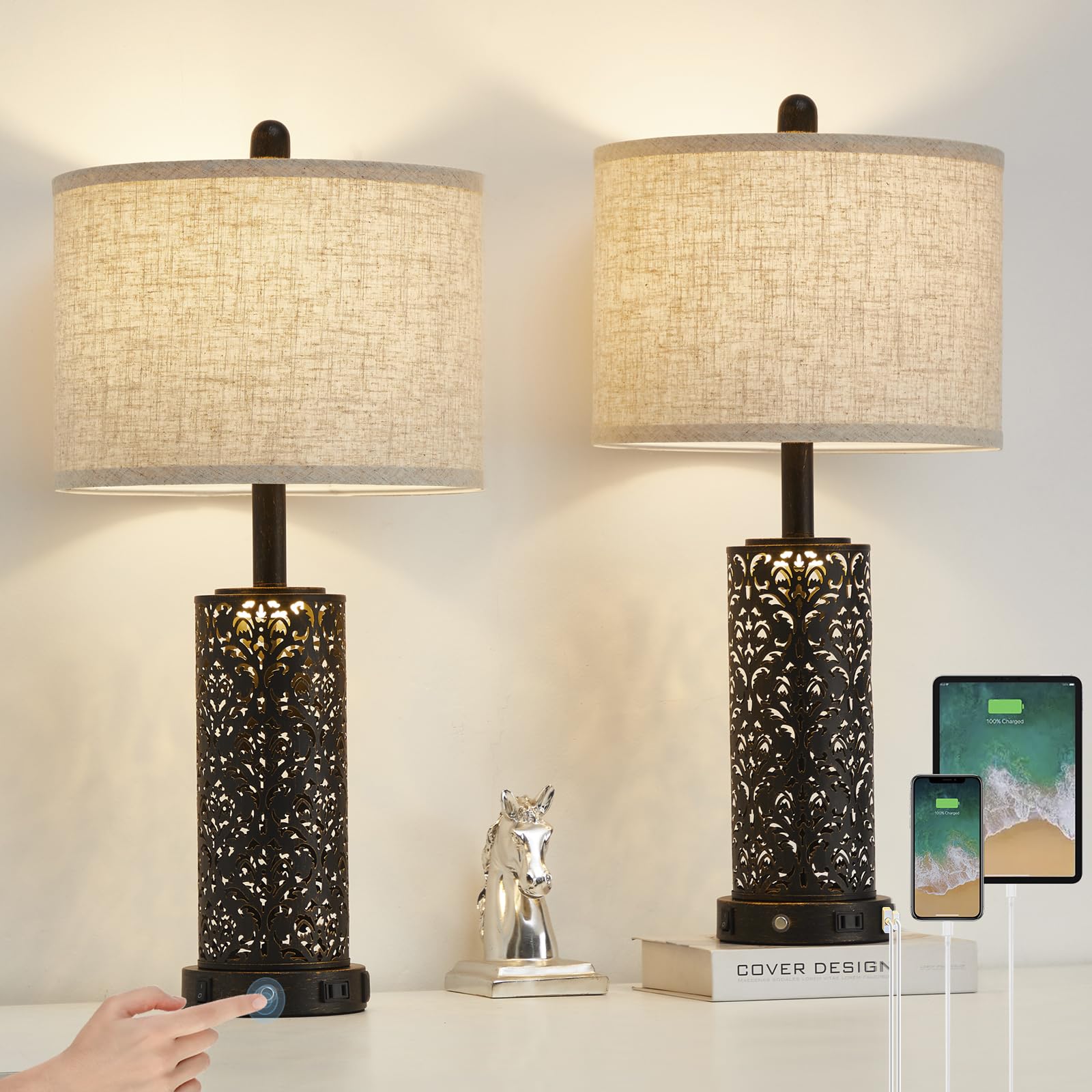 SAIWEYA 26 Set of 2 Farmhouse Table Lamp  3-Way Dimmable Touch Control with Nightlight  2 USB Ports + AC Outlet Vintage Rustic Bedside Lamp for Living Room Bedroom and Nightstand (Black-2 Pack)