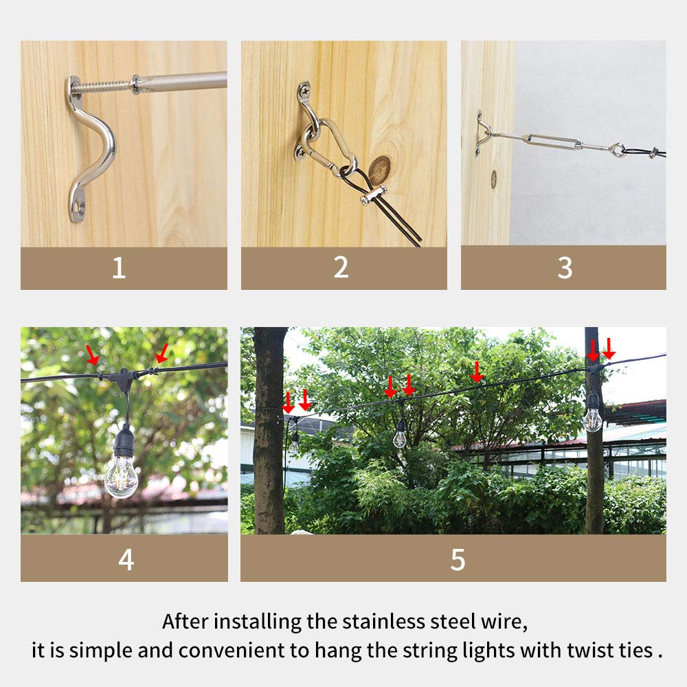 Yql 164Ft Outdoor String Lights Hanging Kit - Black Vinyl-Coated Stainless Steel Cable